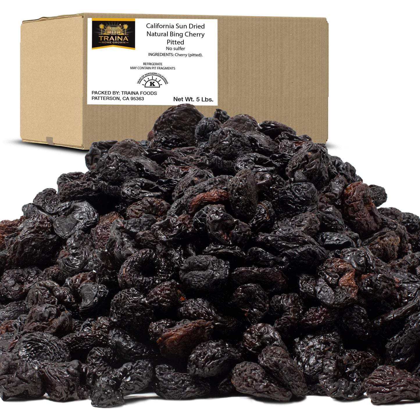 Traina Home Grown California Sun Dried Natural Pitted Cherries - Healthy, Natural, No Added Sugar, Non Gmo, Gluten Free, Kosher Certified, Vegan, Dark Red, Value Size (5 Lbs)