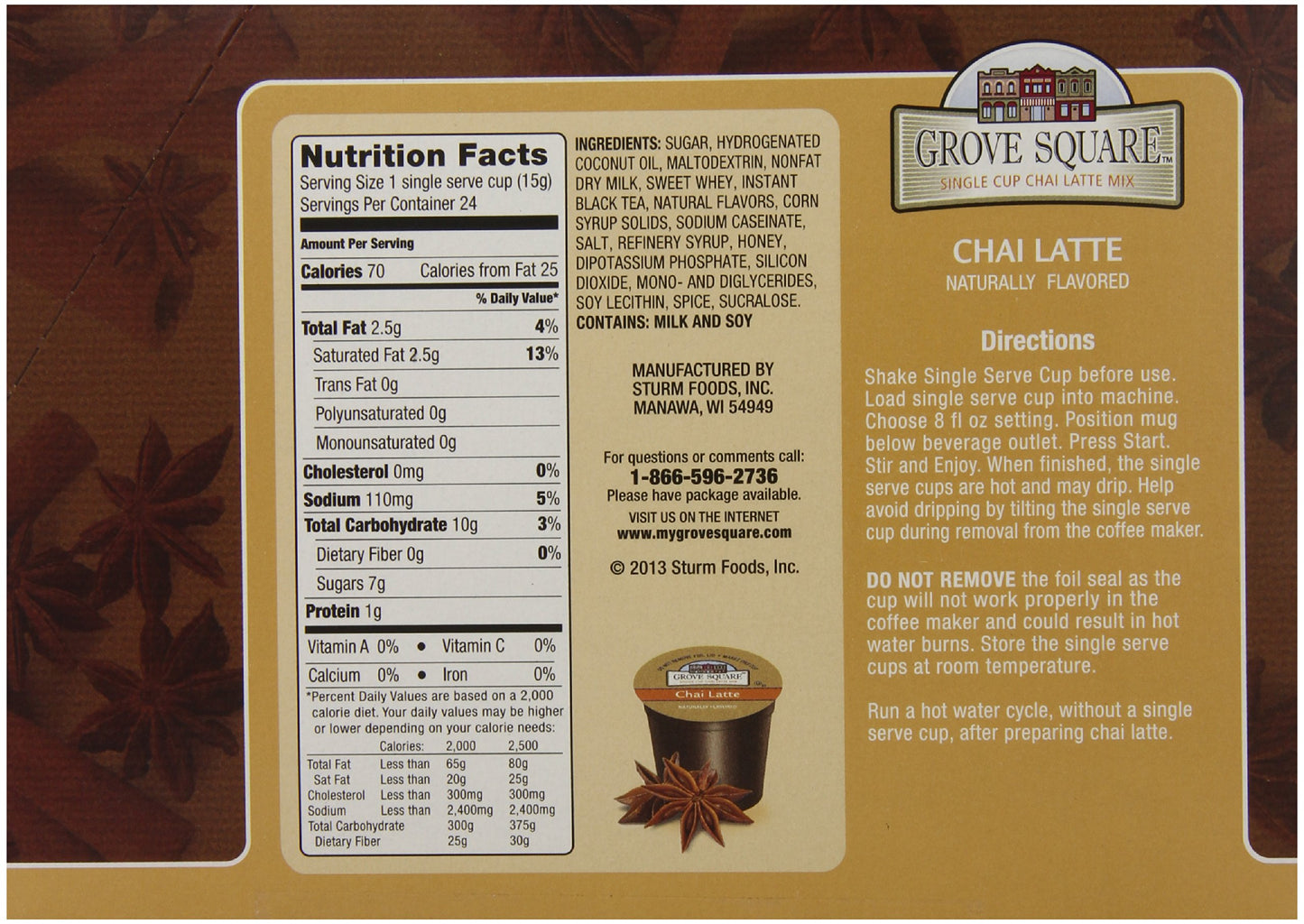 Grove Square Chai Latte, 24 Single Serve Cups, 3.18 Ounce (Pack of 4), Model 12G77964652