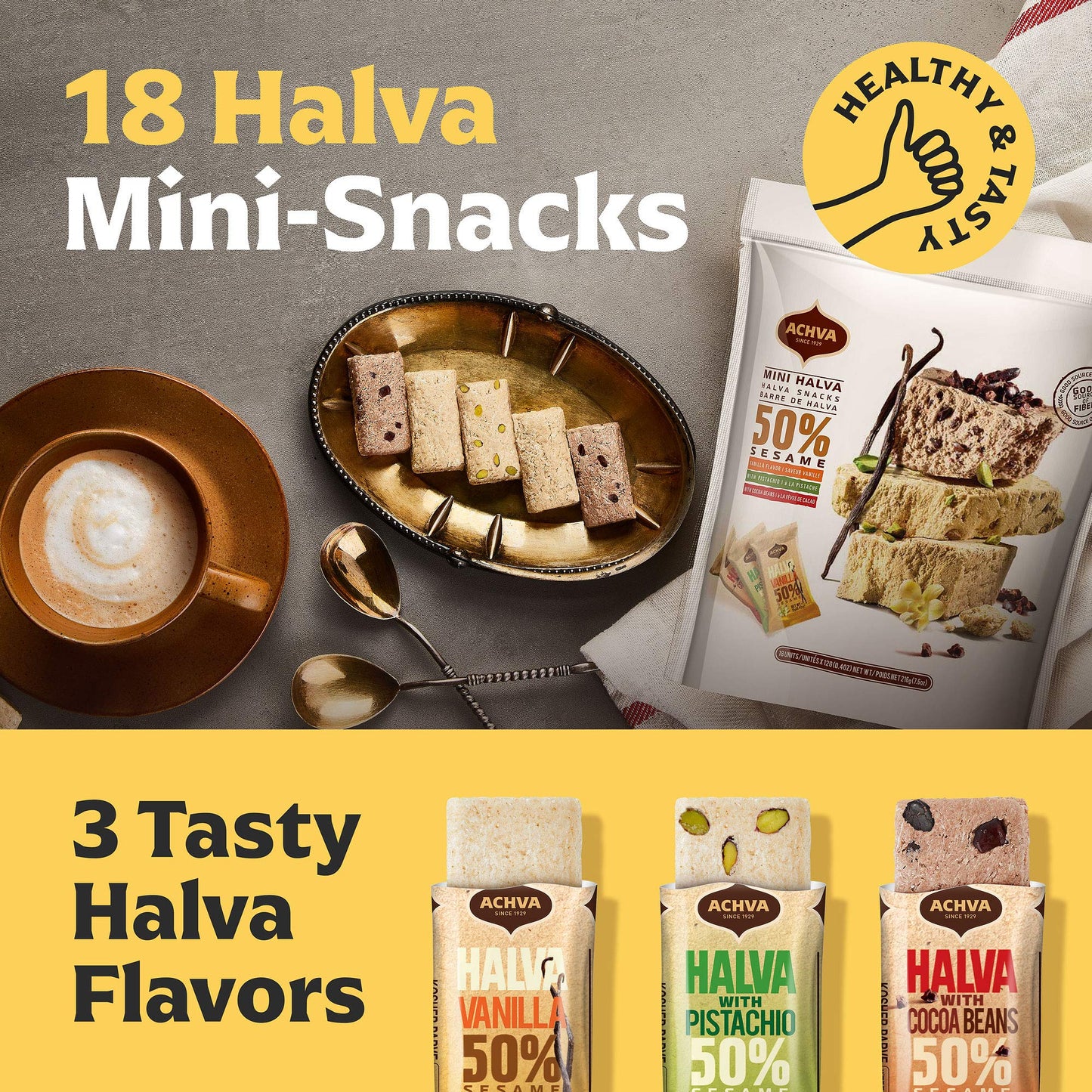 Halva Tahini Bar Mini Snacks - Assortment Of 18 Snack-Sized Halvah Pistachio, Vanilla, And Cocoa Bean Israeli Snacks - Vegan, Ko