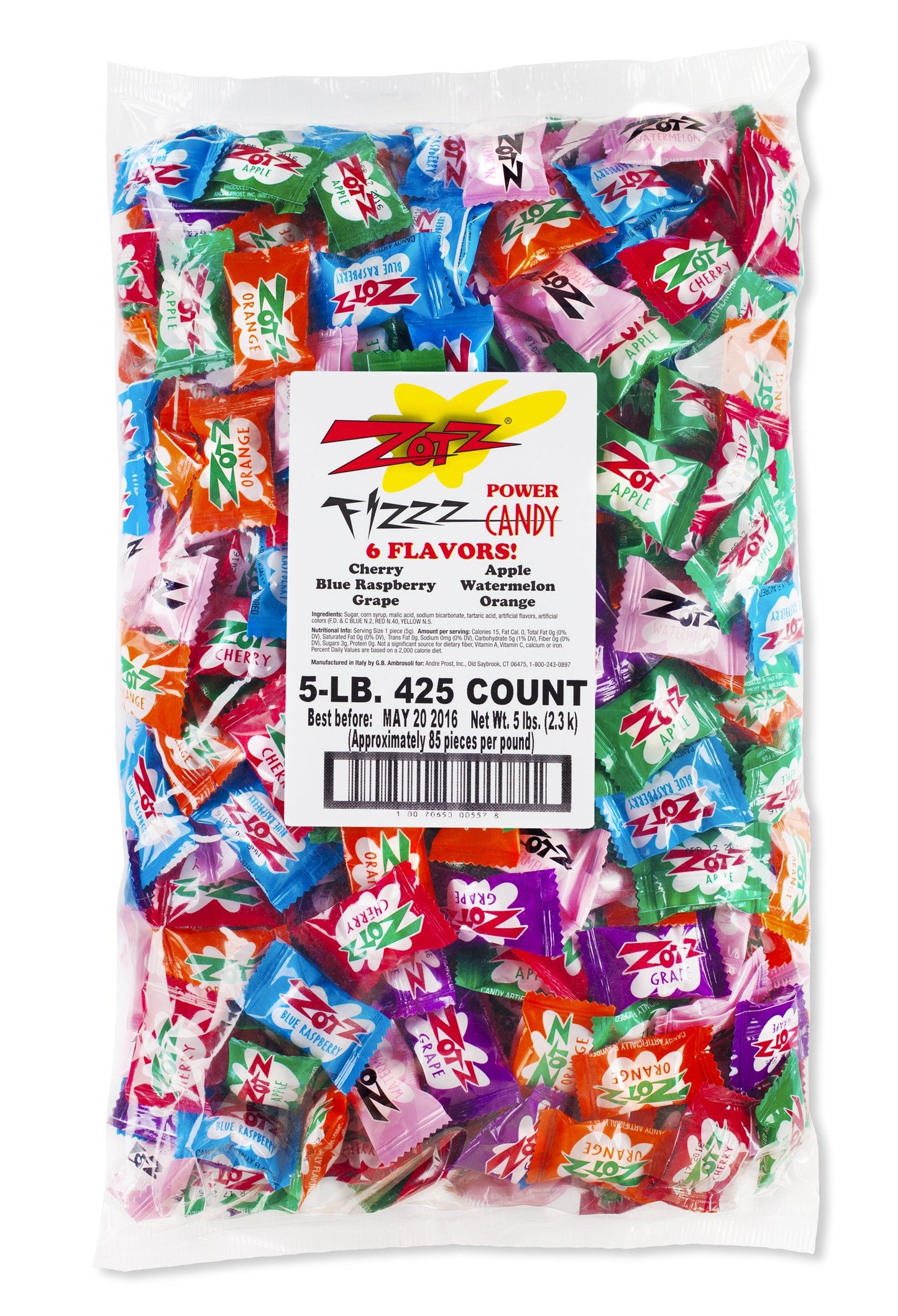 Zotz Fizz Power Candy Assorted - Fruit Flavored Hard Candy With A Fizzy Center | 5-Pound Bag, Single Pack | Gluten-Free
