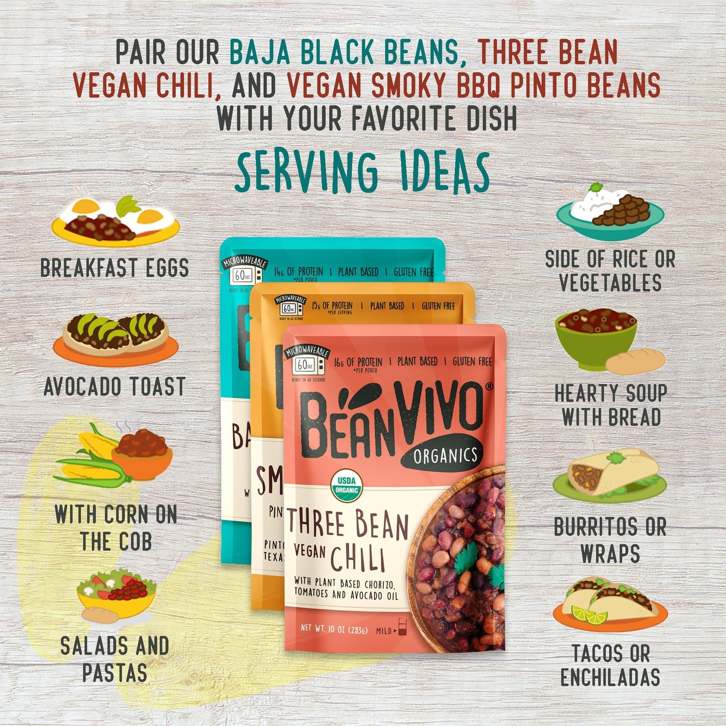 BeanVIVO - Variety 12 Pack (10 oz each) - Organic Baja Black Beans, Three Bean Vegan Chili, BBQ Pinto Beans - Seasoned & Ready t