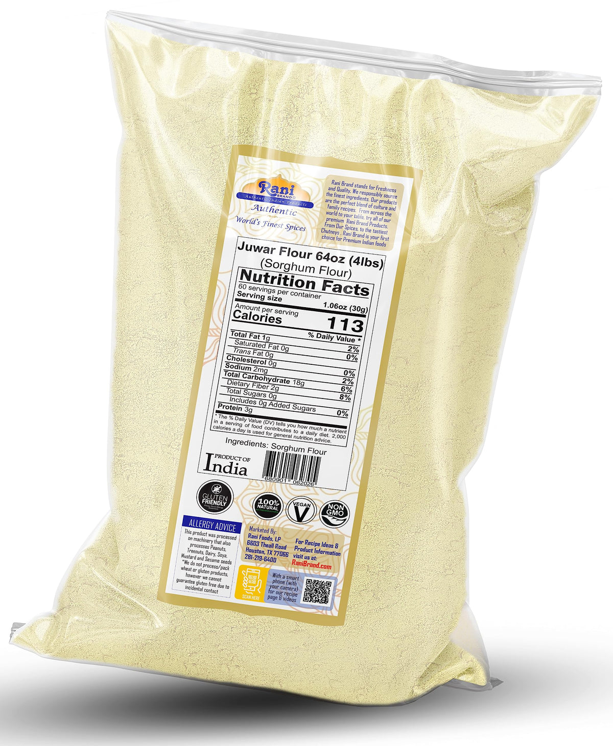 Rani Juwar Flour, All Natural, Vegan, Gluten Friendly, Non-GMO, Kosher, 64oz (4lbs), Indian Origin