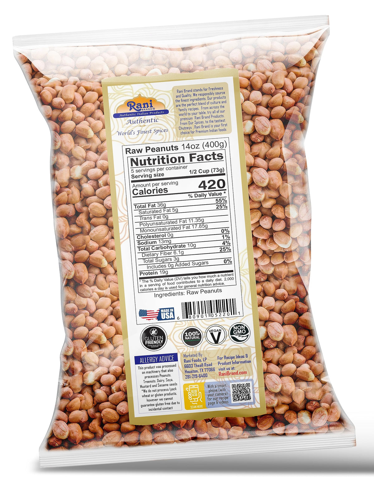Rani Peanuts, Raw Whole With Skin (uncooked, unsalted) 14oz (400g) ~ All Natural | Vegan | Gluten Friendly | Kosher | Fresh Prod