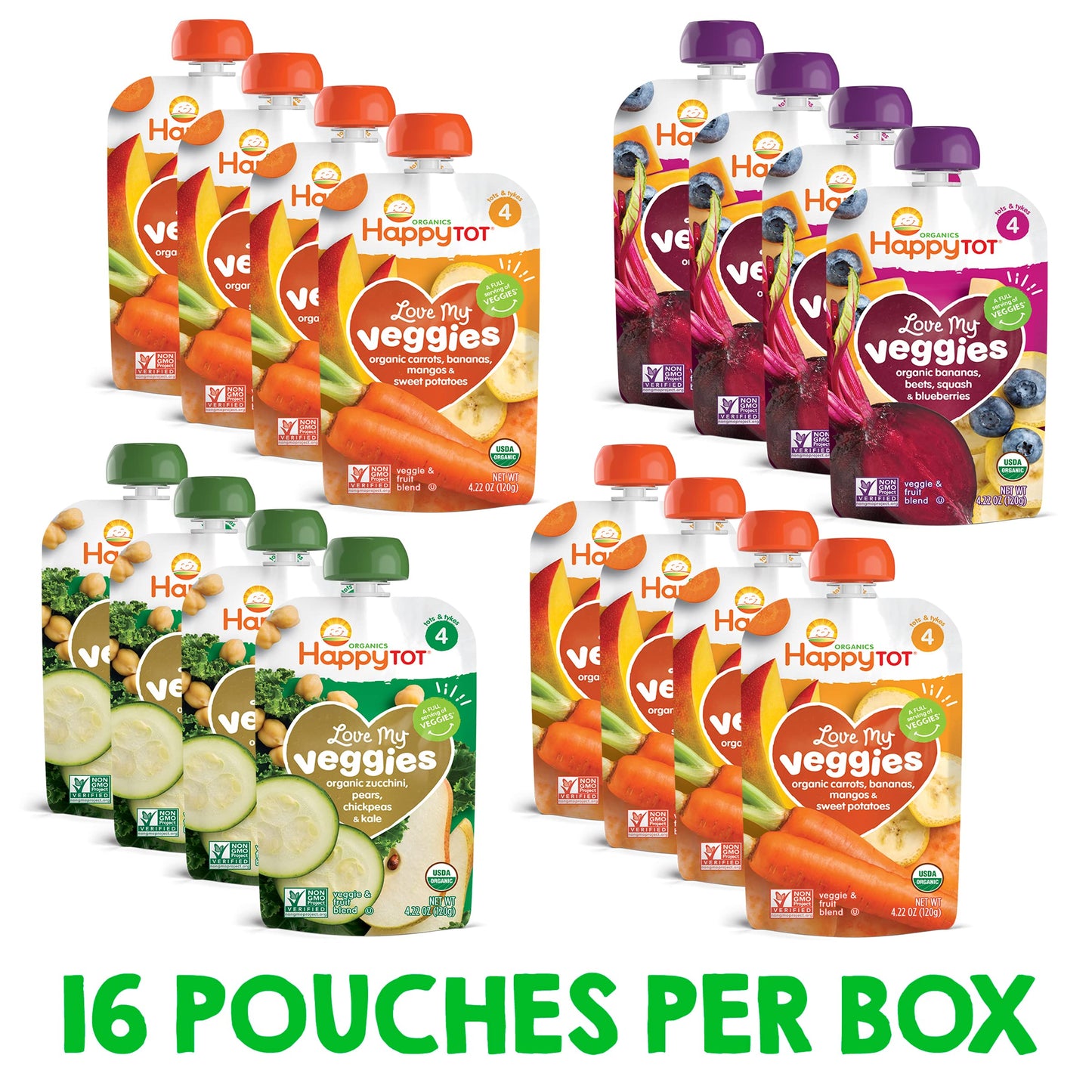 Happytot Organics Stage 4 Baby Food Pouches, Gluten Free, Vegan Snack, Love My Veggies, Fruit & Veggie Puree, Variety Pack, 4.22 Ounce (Pack Of 16), Large Online Retailer Limited Availability