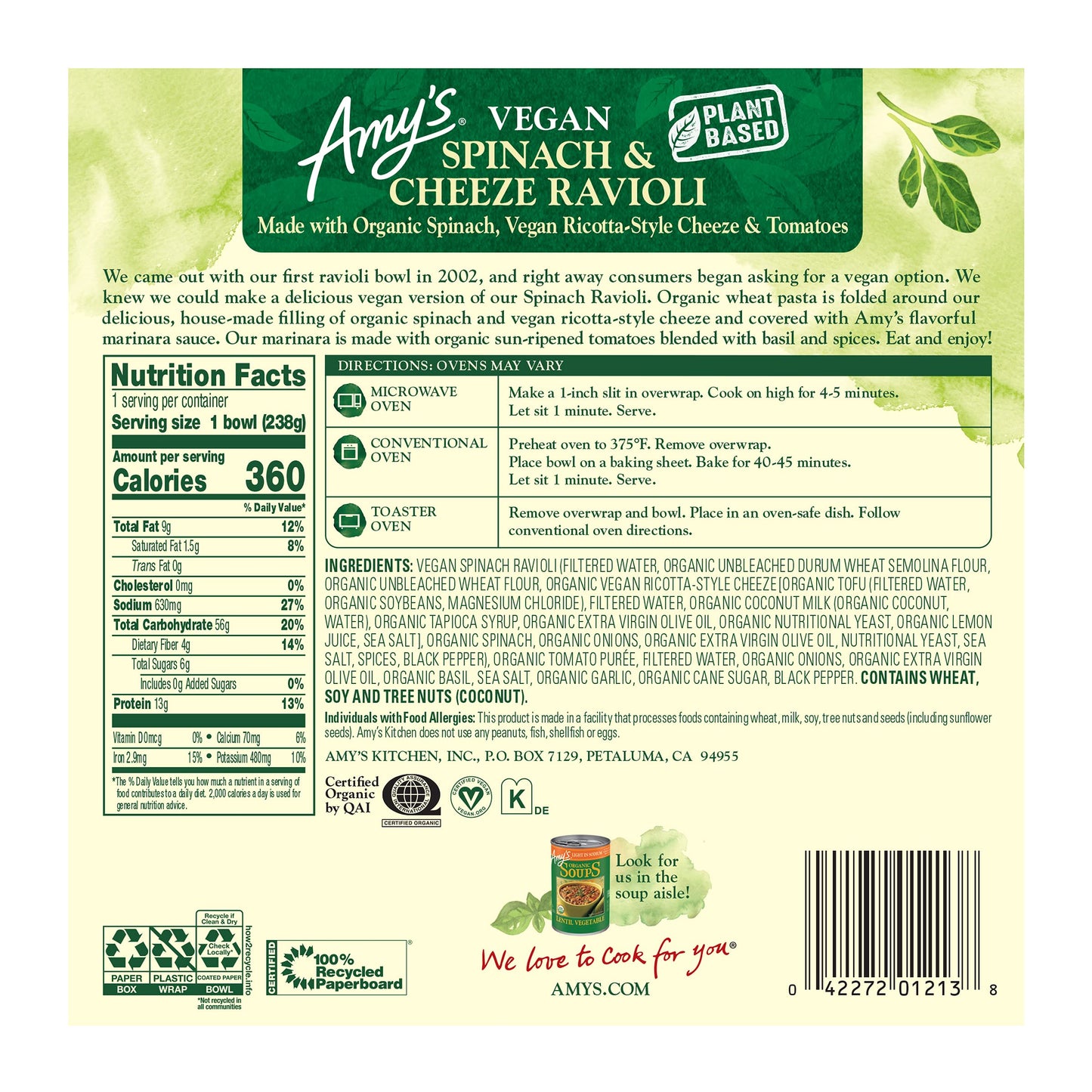 Amys Frozen Meals, Vegan Spinach Ravioli Pasta Bowl, Made With Organic Spinach, Vegan Ricotta-Style Cheeze, and Tomatoes, Micro