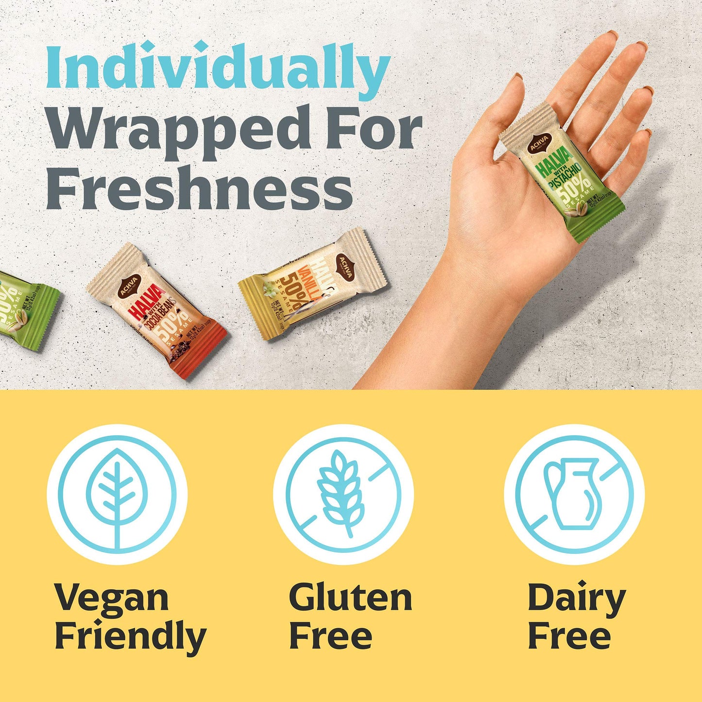 Halva Tahini Bar Mini Snacks - Assortment Of 18 Snack-Sized Halvah Pistachio, Vanilla, And Cocoa Bean Israeli Snacks - Vegan, Ko