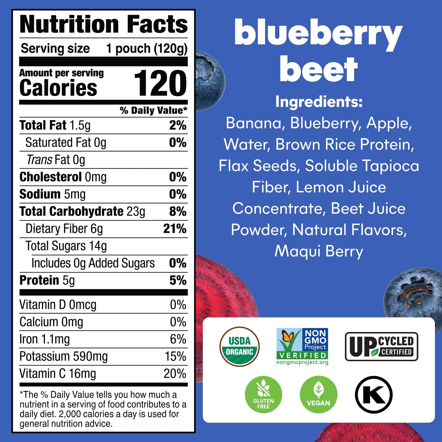 Noka Superfood Fruit Smoothie Pouches, Blueberry Beet, Healthy Snacks with Flax Seed, Plant Protein and Prebiotic Fiber, Vegan a