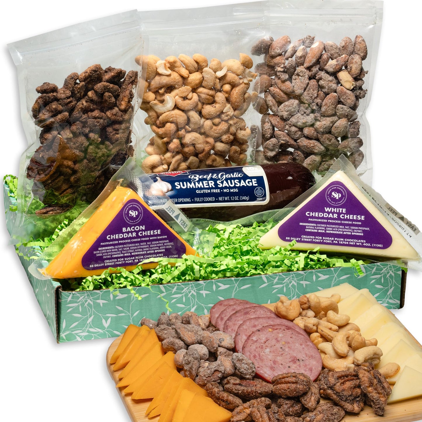 Sausage, Cheese and Nuts Gift Basket for Men, Women, Cashews, Almonds, Maple Pecans, 2 Cheeses, Summer Sausage - Birthday Gift f
