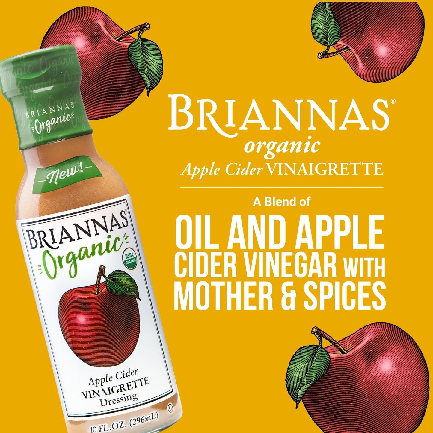 Briannas - Organic Apple Cider Vinaigrette Dressing - Certified Kosher & Organic Salad Dressing Made With Enhanced Ingredients - 10 Oz. Bottles - 6 Pack