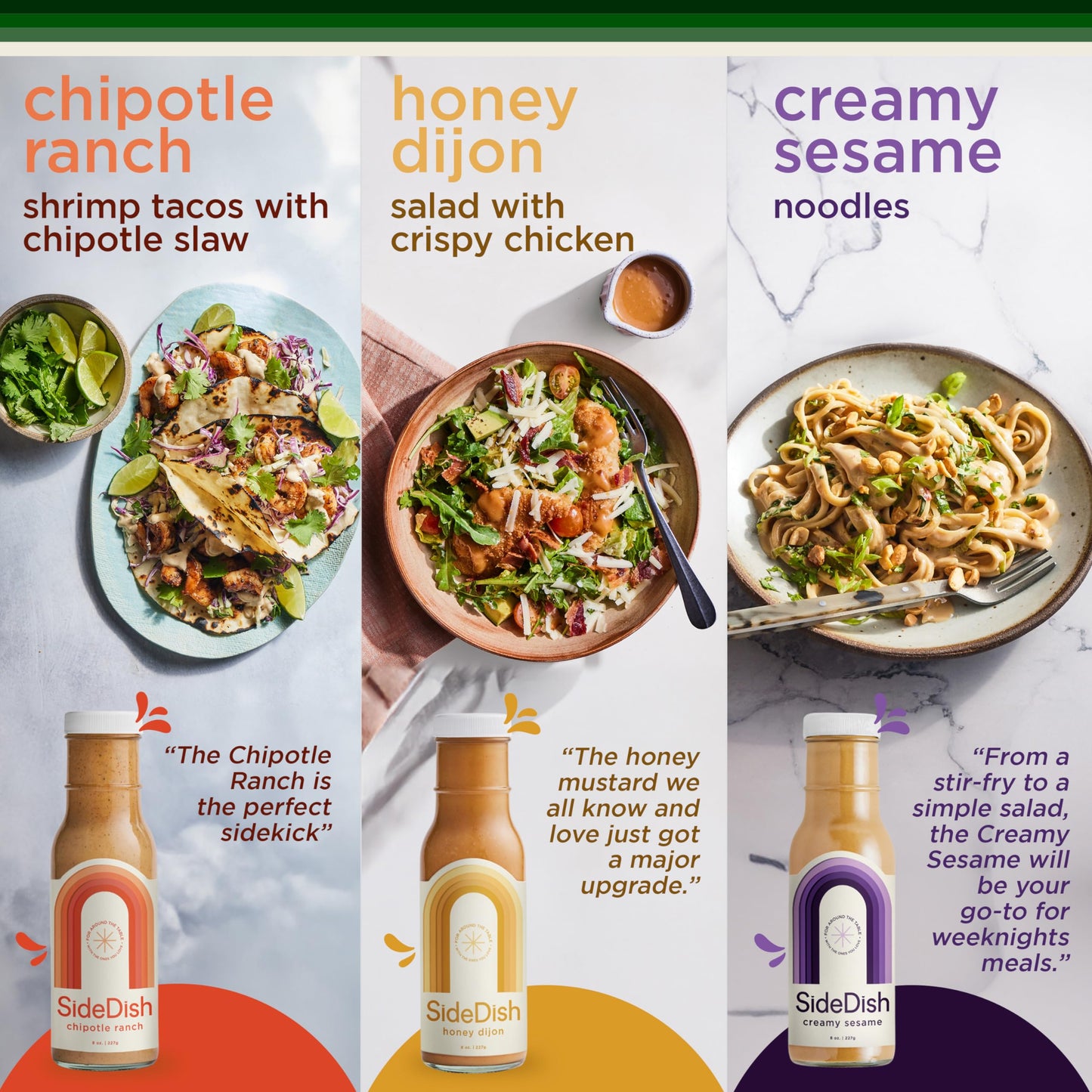 SideDish Salad Dressing Variety Pack, 3 Flavors (Chipotle Ranch, Creamy Sesame, Honey Dijon), 8 Fl Oz, Gluten Free, Dairy Free