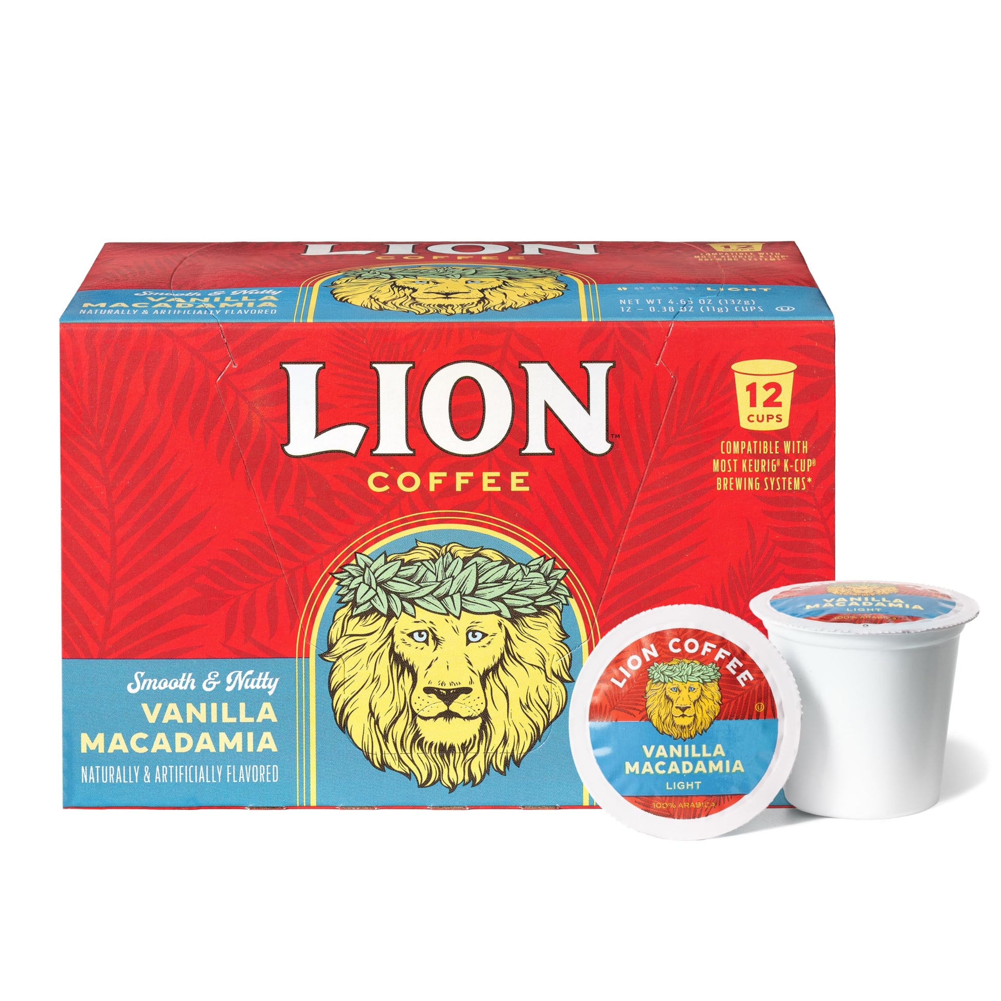 Lion Coffee Vanilla Macadamia Coffee Pods - Medium Roast - 12 Count Box - Compatible with Single-Serve Brewing Systems