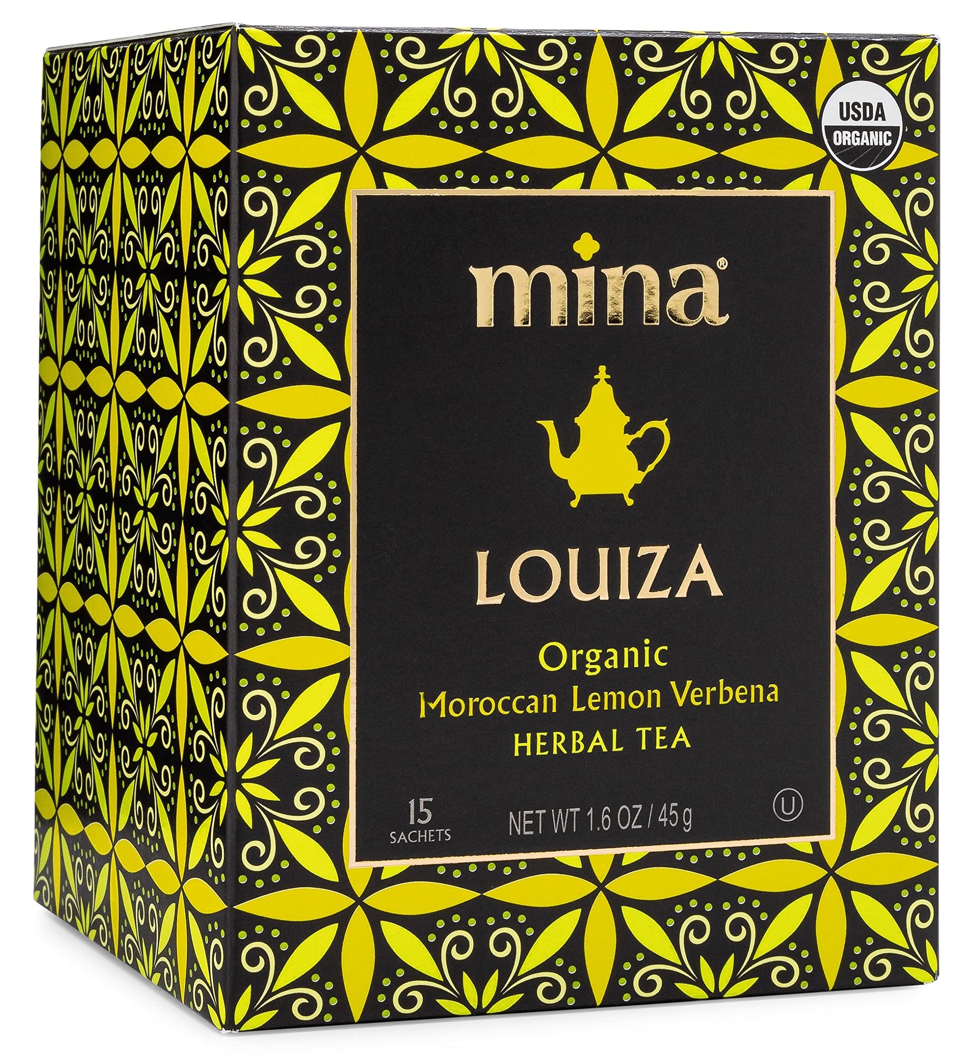 Mina Louiza, Organic Moroccan Lemon Verbena Tea, Organic Herbal Tea Bags, 15 Biodegradable Sachets, Refreshing Lemon Tea Bags, Caffeine Free, Moroccan Lemon Verbena Tea Bags