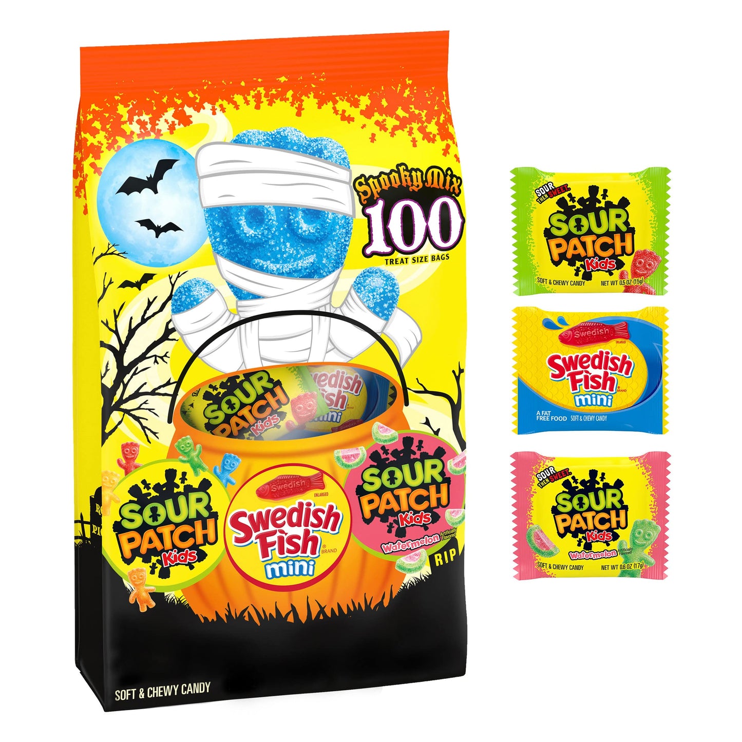 SOUR PATCH KIDS Original, Watermelon & SWEDISH FISH Mini Halloween Candy Variety Pack, Bulk Candy, 100 Trick or Treat Bags