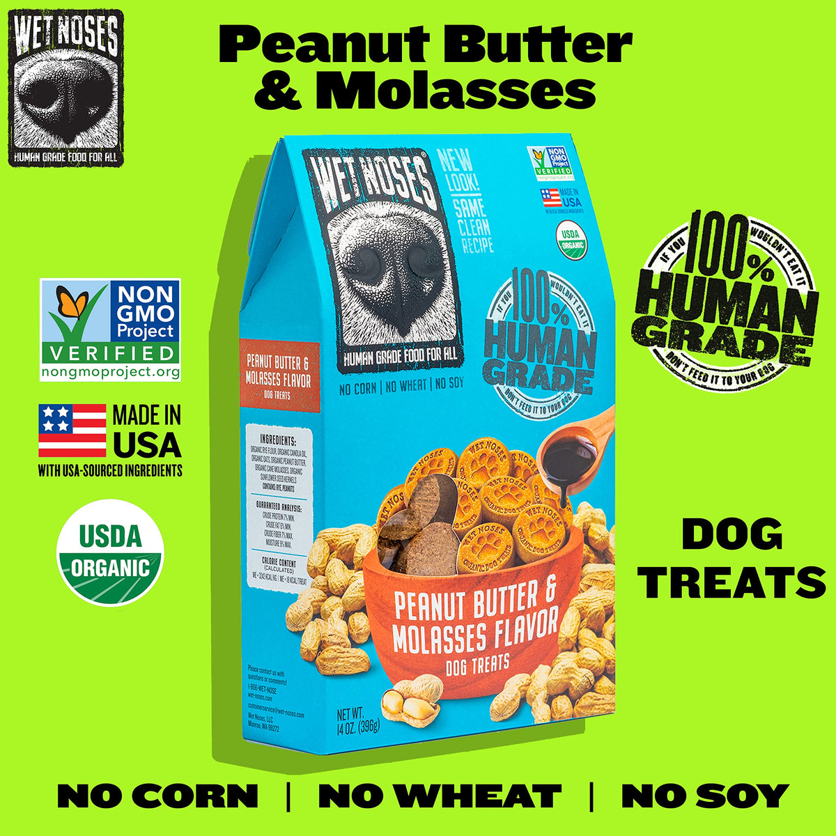 Wet Noses All Natural Dog Treats, Made in USA, 100% USDA Certified Organic, Non-GMO Project Verified, Peanut Butter, 14 oz box
