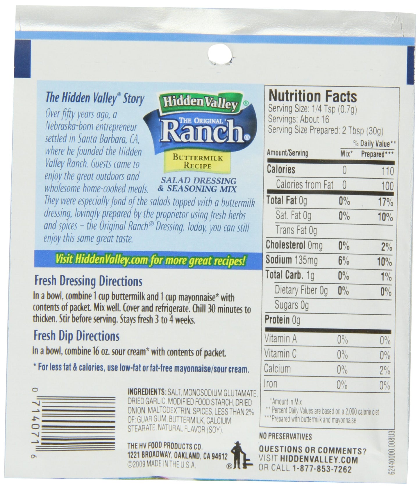 Hidden Valley Buttermilk Ranch Dressing & Seasoning Mix, Gluten Free, 0.38 Oz, Pack of 24
