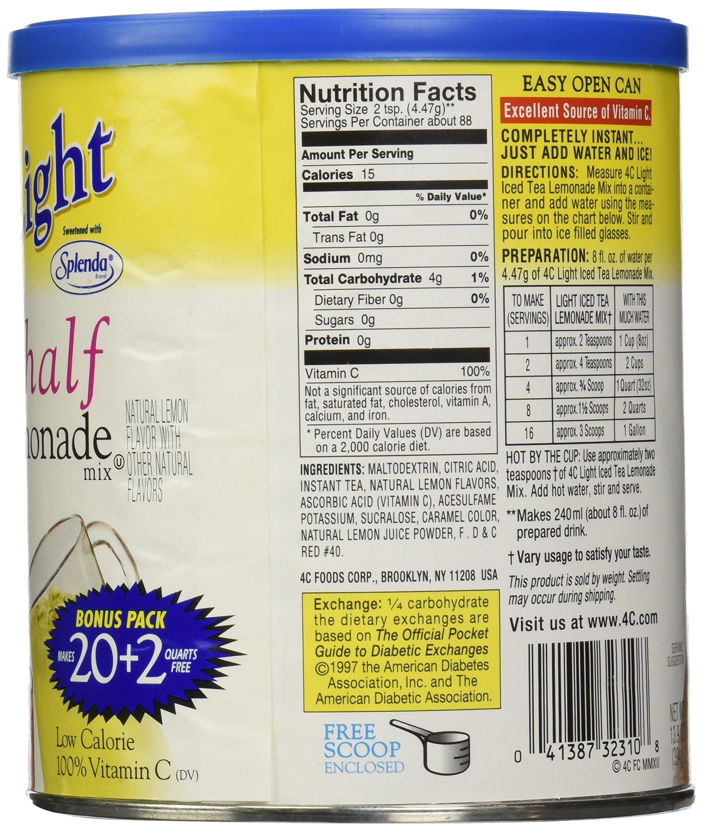 4C Zero Sugar Powdered Drink Mix, Half & Half, 22 Quarts, Family Sized Cannister, 13.9 Ounce, Low Calorie