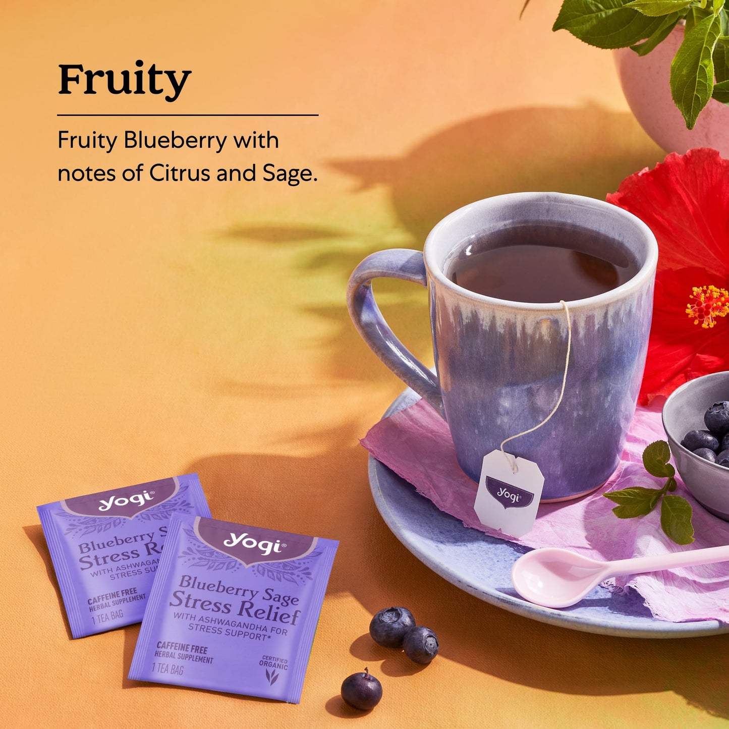 Yogi Tea Blueberry Sage - Stress Relief Tea Bags, 16 Count (Pack of 4) - Calming Herbal Blend with Ashwagandha, Hibiscus & More