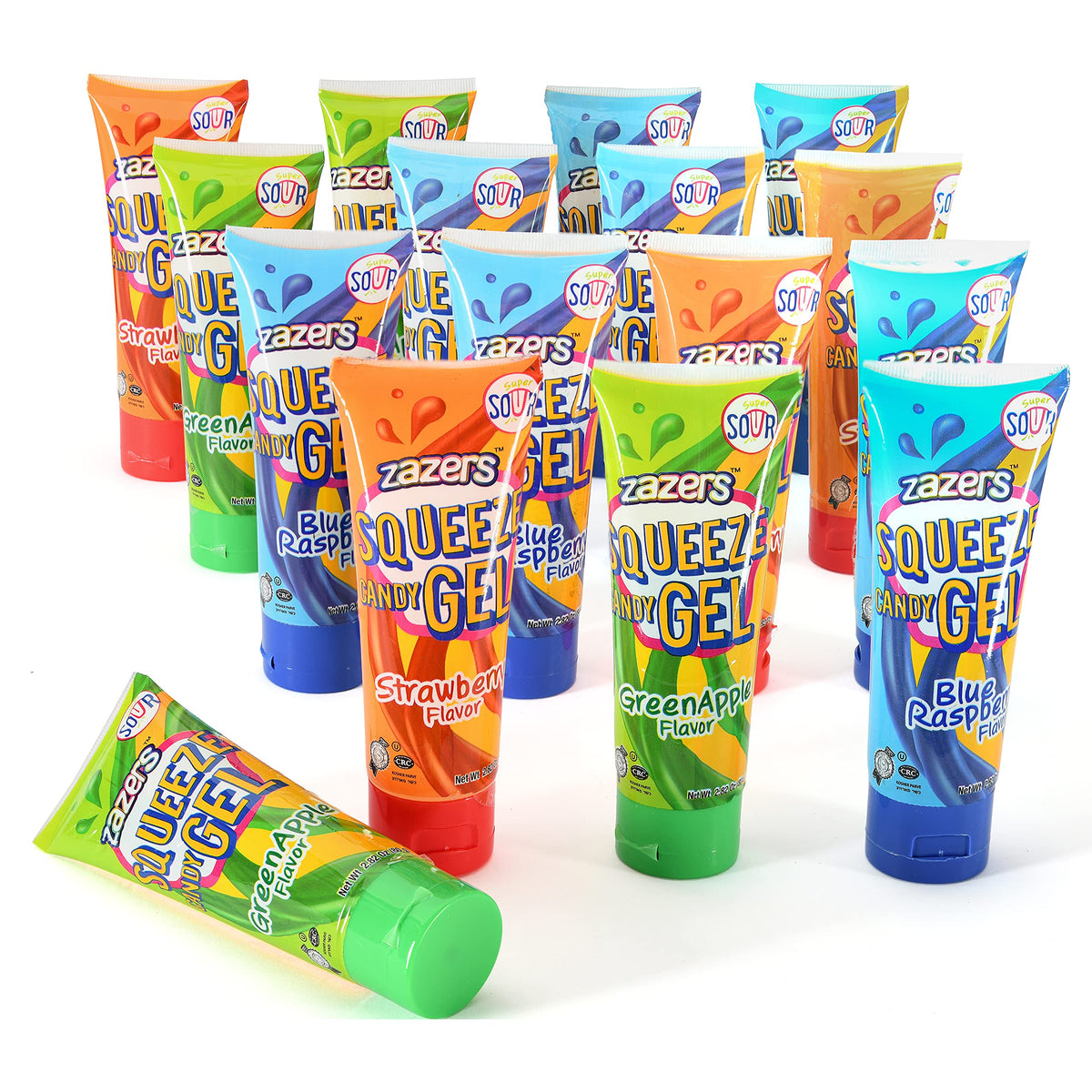 slime Sour Lickers Squeeze Gel Candy - 16 Pack Display Assorted Flavors, 8 Blue Raspberry 4 Green Apple and 4 Strawberry, Great 