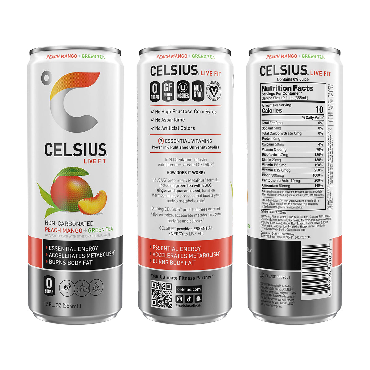 CELSIUS Peach Mango Green Tea, Functional Essential Energy Drink, 12 Fl Oz (Pack of 24)