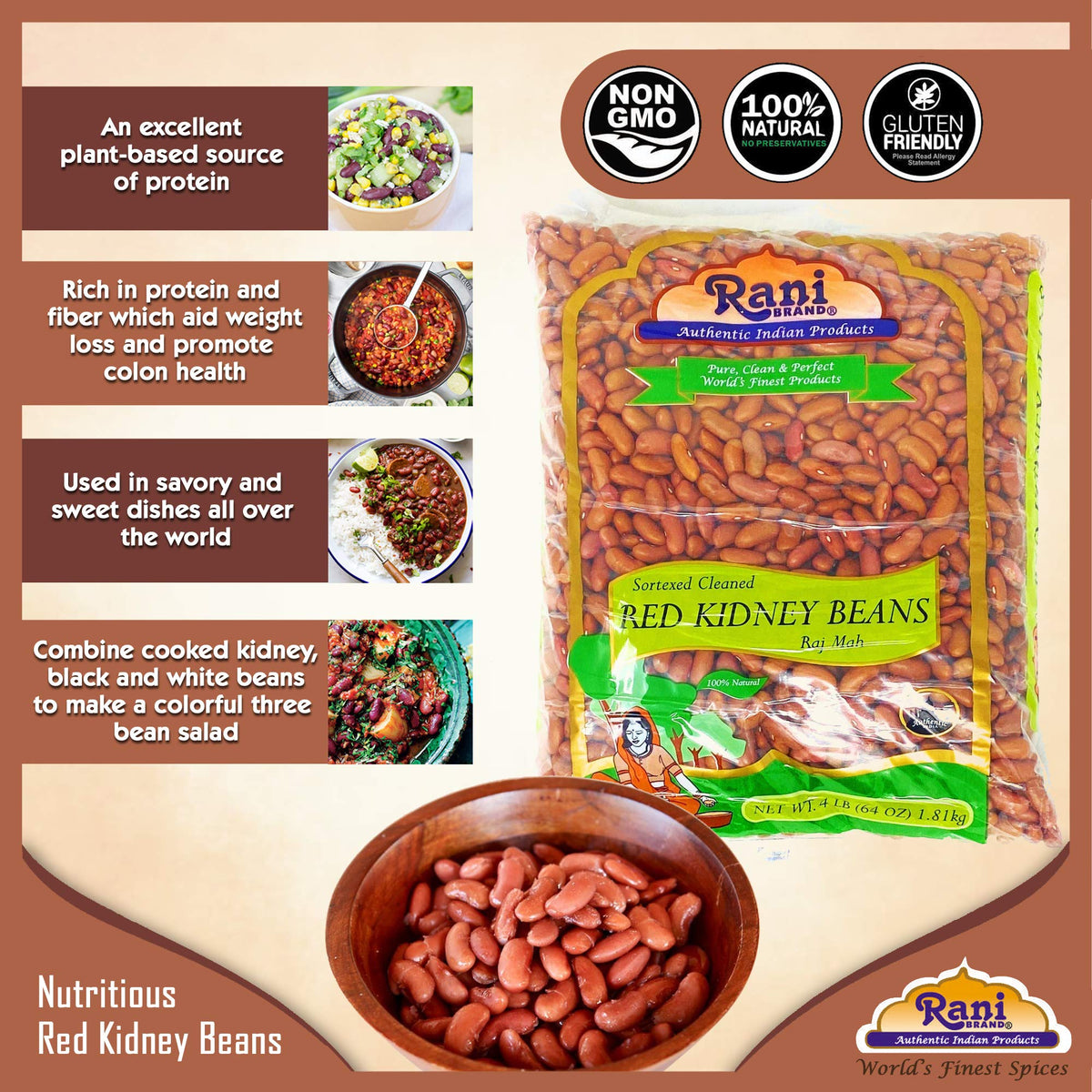 Rani Red Kidney Beans, Light 64Oz (4Lbs) 1.81Kg ~ Pack Of 2~128Oz (8Lbs) 3.63Kg Total ~ All Natural | Vegan | Gluten Friendly | Non-Gmo | Kosher | Raj Mah