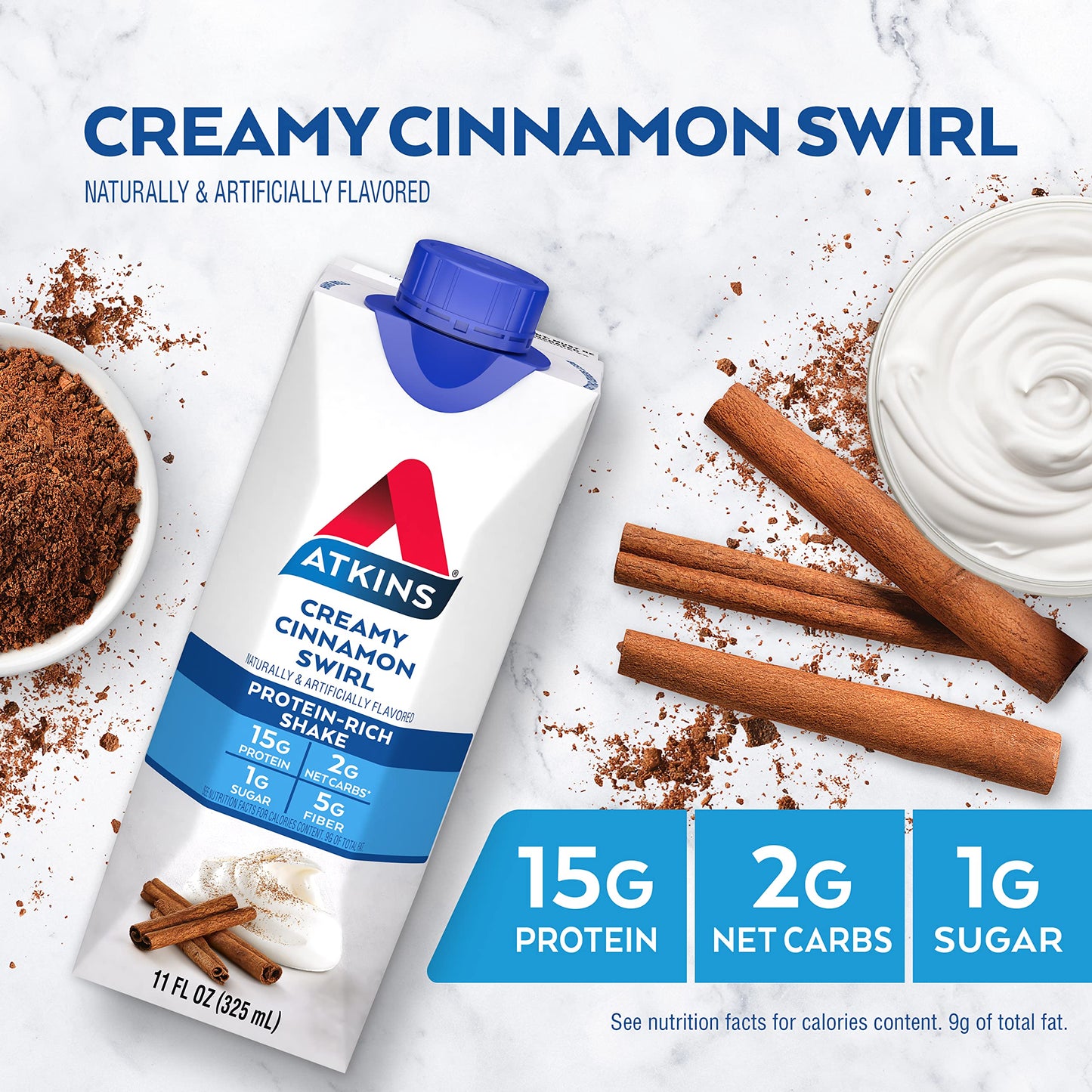 Atkins Creamy Cinnamon Swirl High Protein Shake, 15g Protein, Keto Protein Shake, 2g Net Carb, 1g Sugar, Low Sugar and Low Carb,
