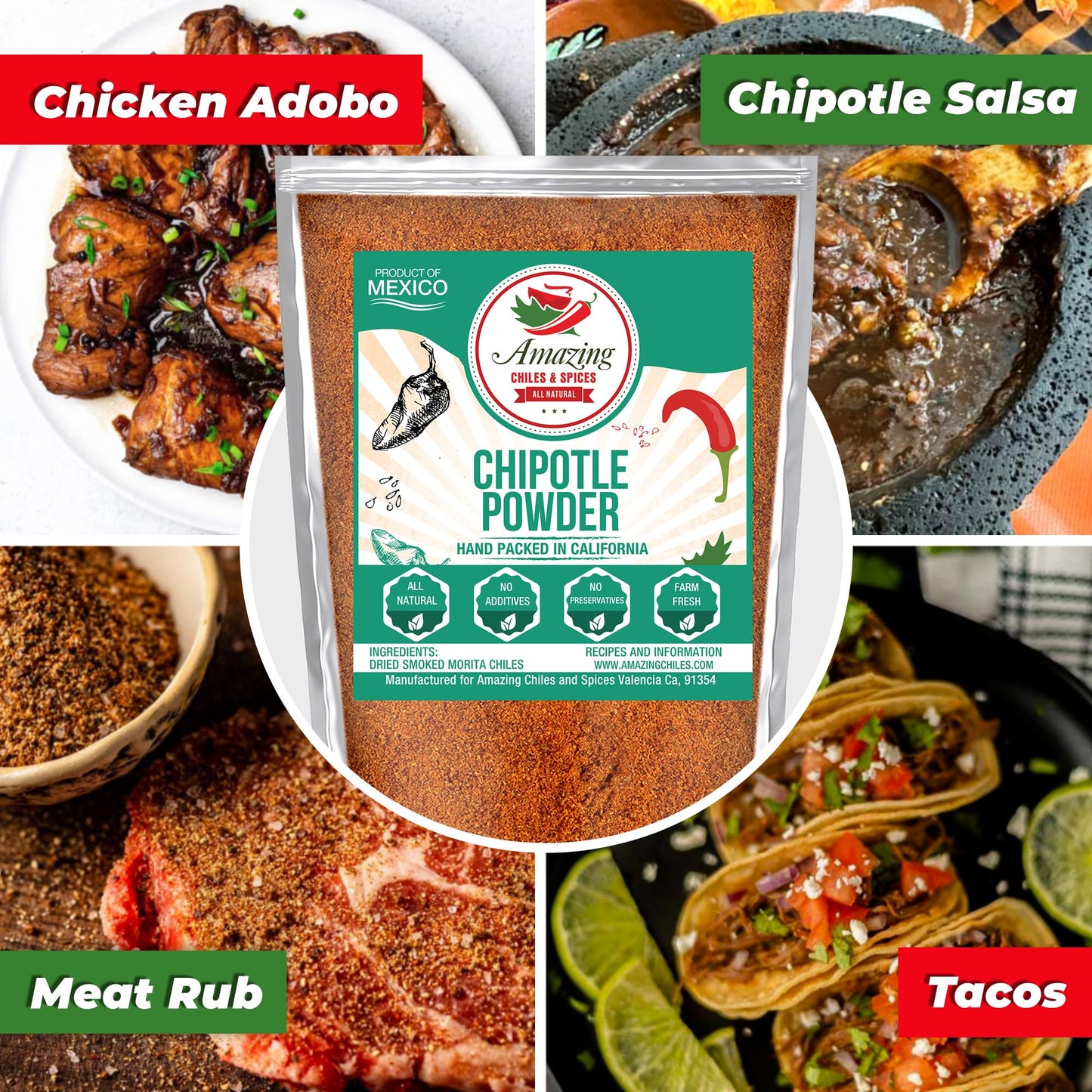 Chipotle Chili Powder Seasoning 1 LB (16oz) - Natural and enhanced. Great For Meats  Grilling Rubs  Sauces  Salsa. Medium to High Heat - Sweet & Smoky Flavor. By Amazing Chiles & Spices.