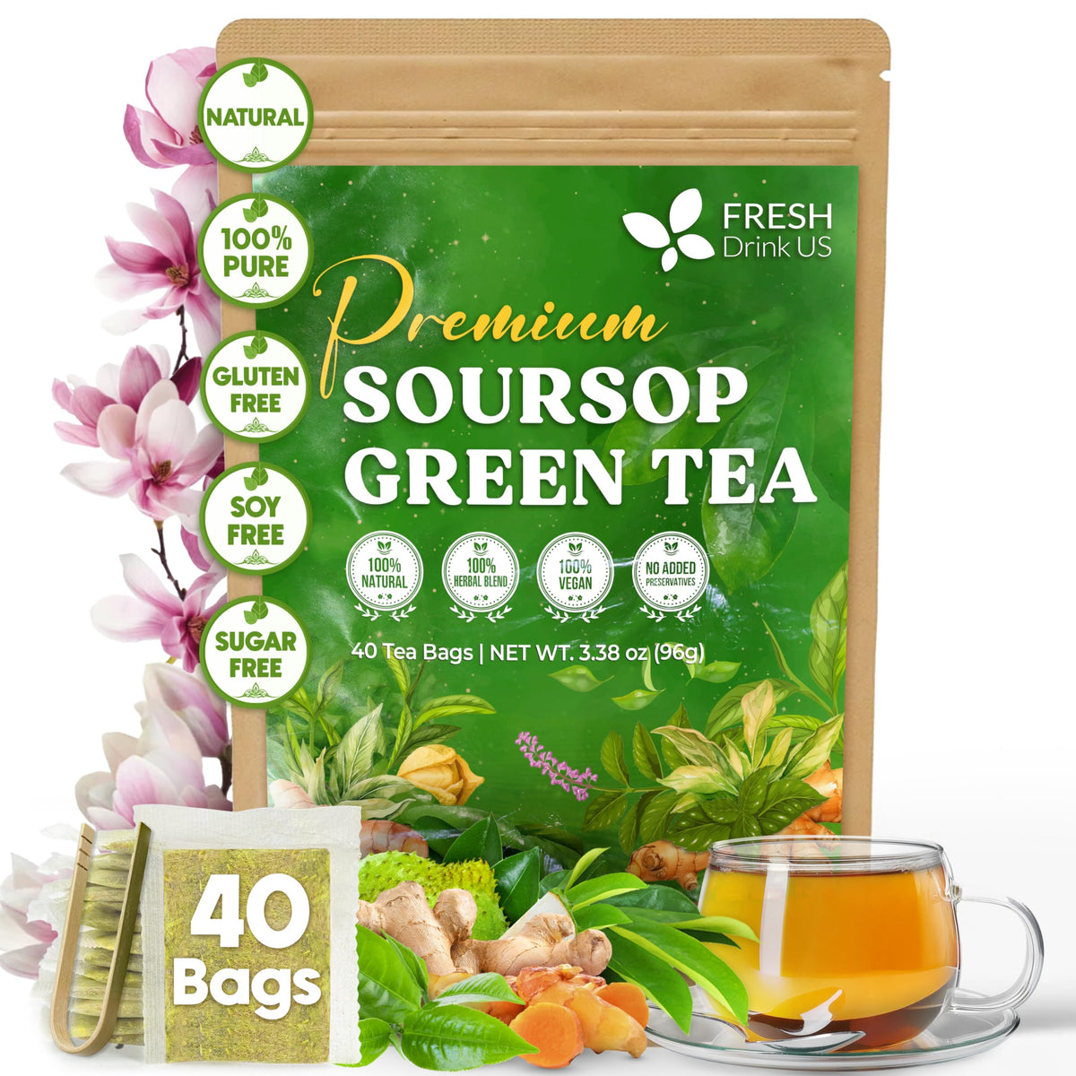 Freshdrinkus  Top-Grade 40 Tea Bags Soursop Green Tea  100% Natural & Proprietary Blend From Soursop Leaves And Green Tea. Smooth Flavor. Made With Eco-Conscious Tea Bags. No Additives No Sugar  Vegan.