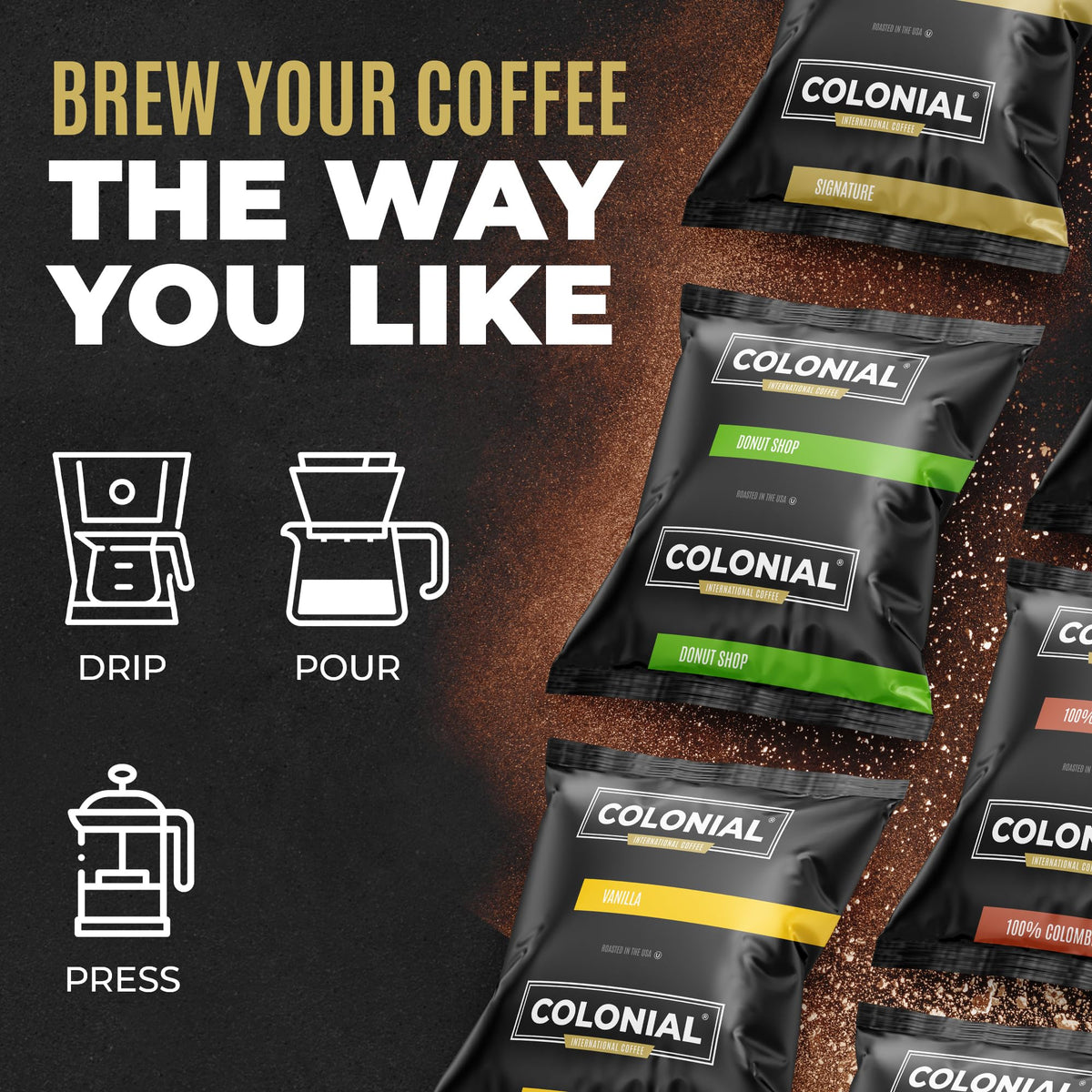 Colonial Coffee 100 Count Single Pot Coffee Packets - 100% Arabica Donut Shop Blend Medium Roast | Pre-Measured Frac Packs for 1