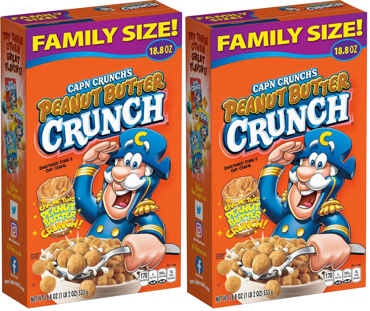 Capn Crunch Cereal, Peanut Butter, 18.8oz Box, Packaging May Vary (Pack of 2)
