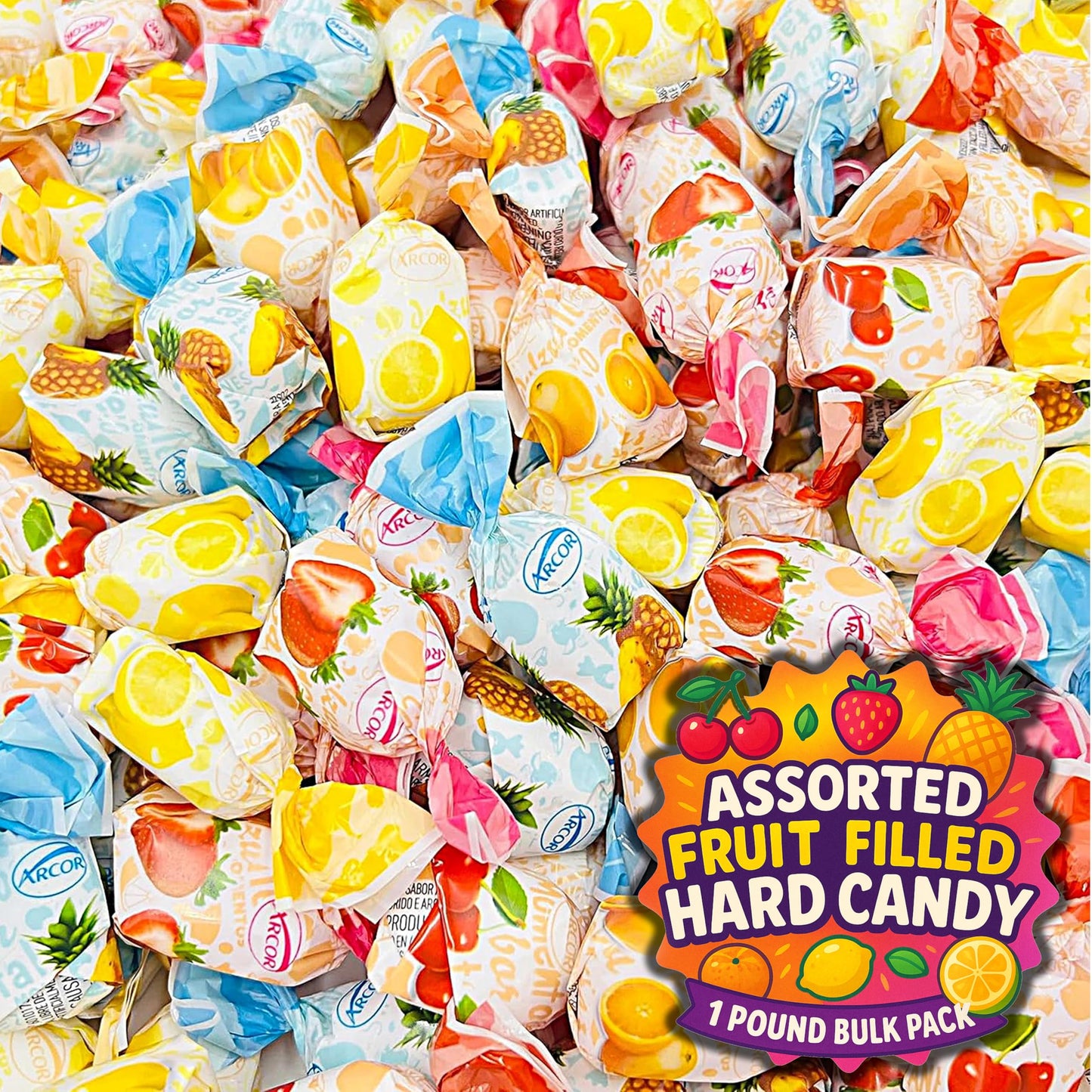 Assorted Fruit Filled Hard Candy - 1 Pound Bulk Pack (About 75 Count) - Individually Wrapped Assorted Fruit Candies - Classic Fl