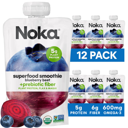 Noka Superfood Fruit Smoothie Pouches, Blueberry Beet, Healthy Snacks with Flax Seed, Prebiotic Fiber and Plant Protein, Vegan a