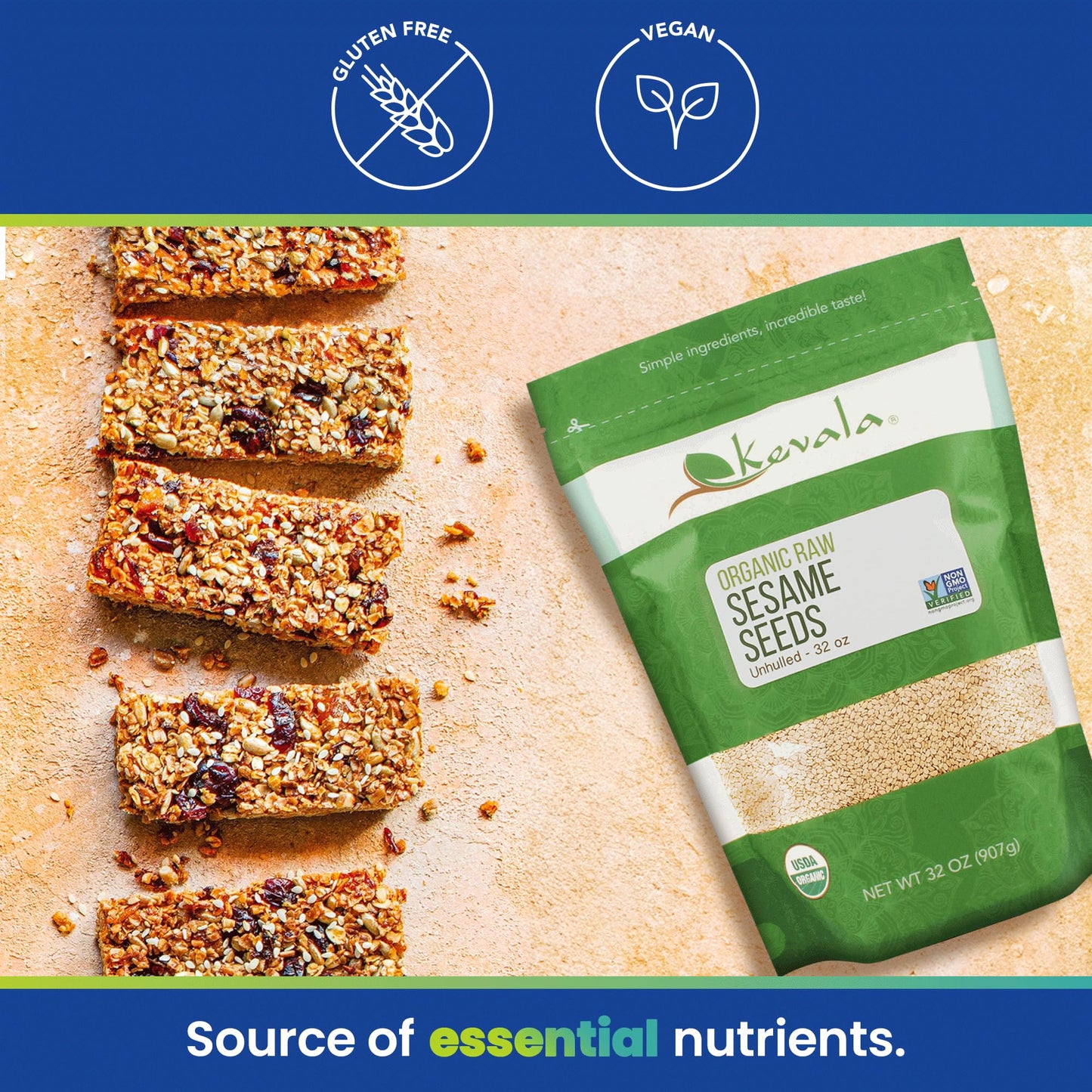 Kevala Organic Raw Sesame Seeds Unhulled, 2 Pound (White)