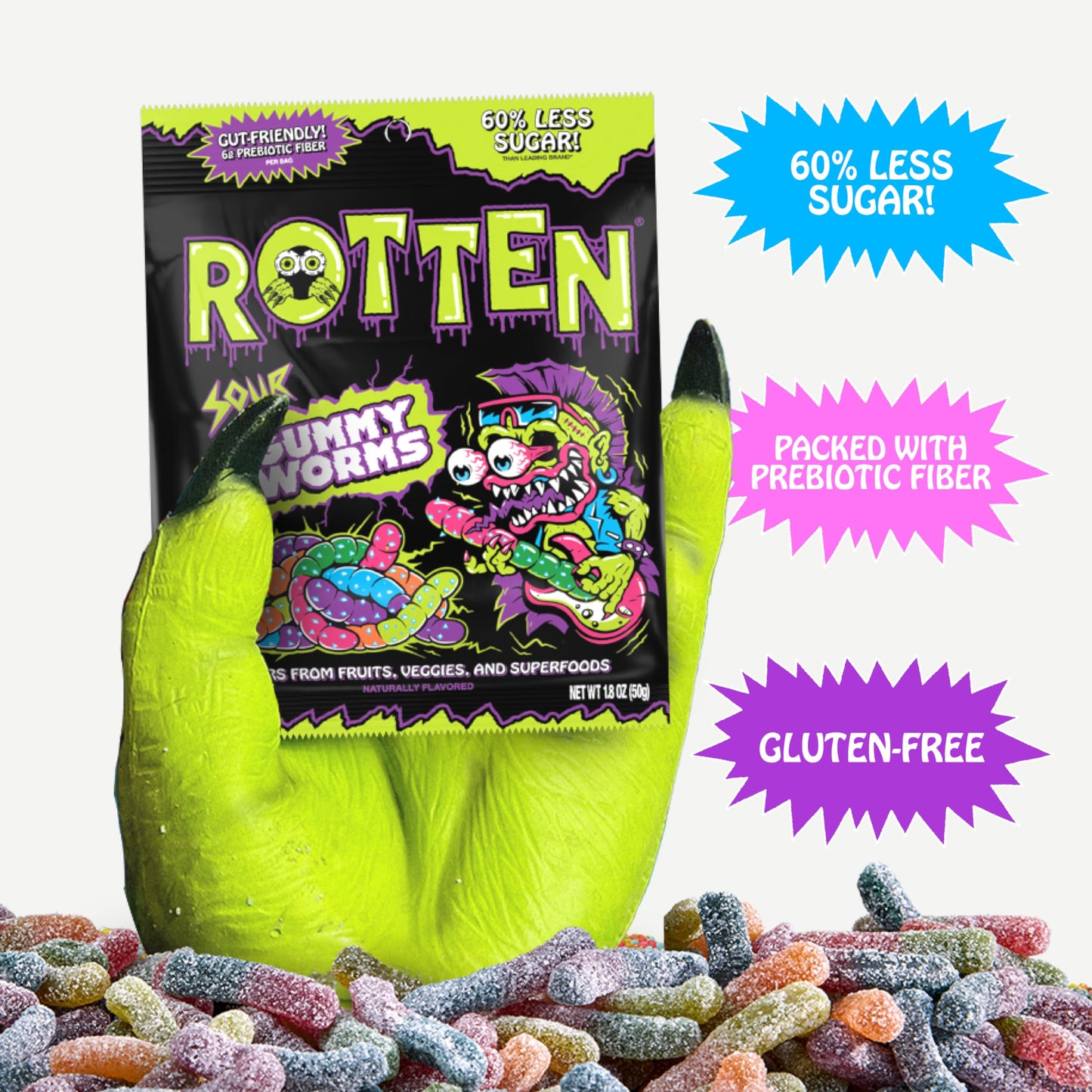 Rotten Sour Gummy Worms - Low Sugar, Low Calorie, 7g Gut-Friendly Prebiotic Fiber and 3g Protein, Gluten Free Candy - 1.8 oz - 8