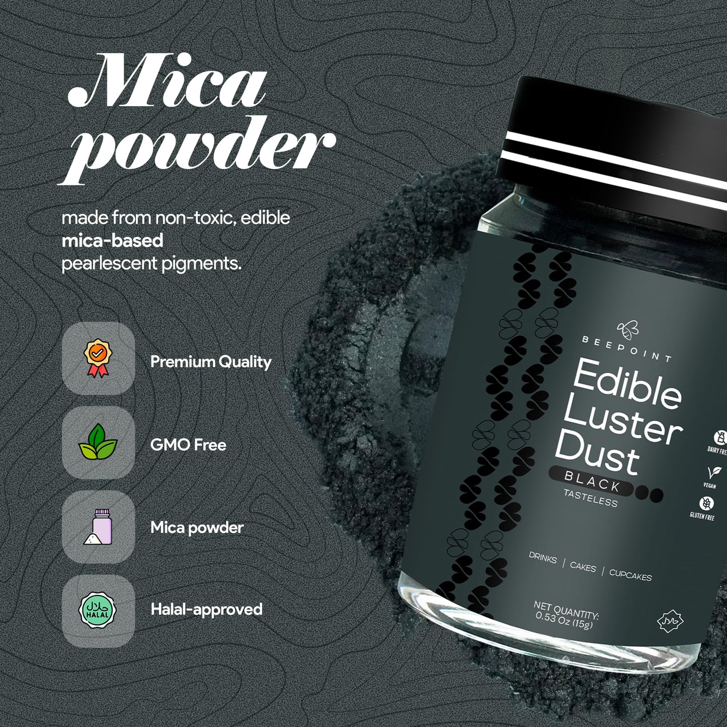 BeePoint Edible Glitter Luster Dust - Food Grade Shimmer Powder for Baking, Drinks & Decorating, 15g, Black