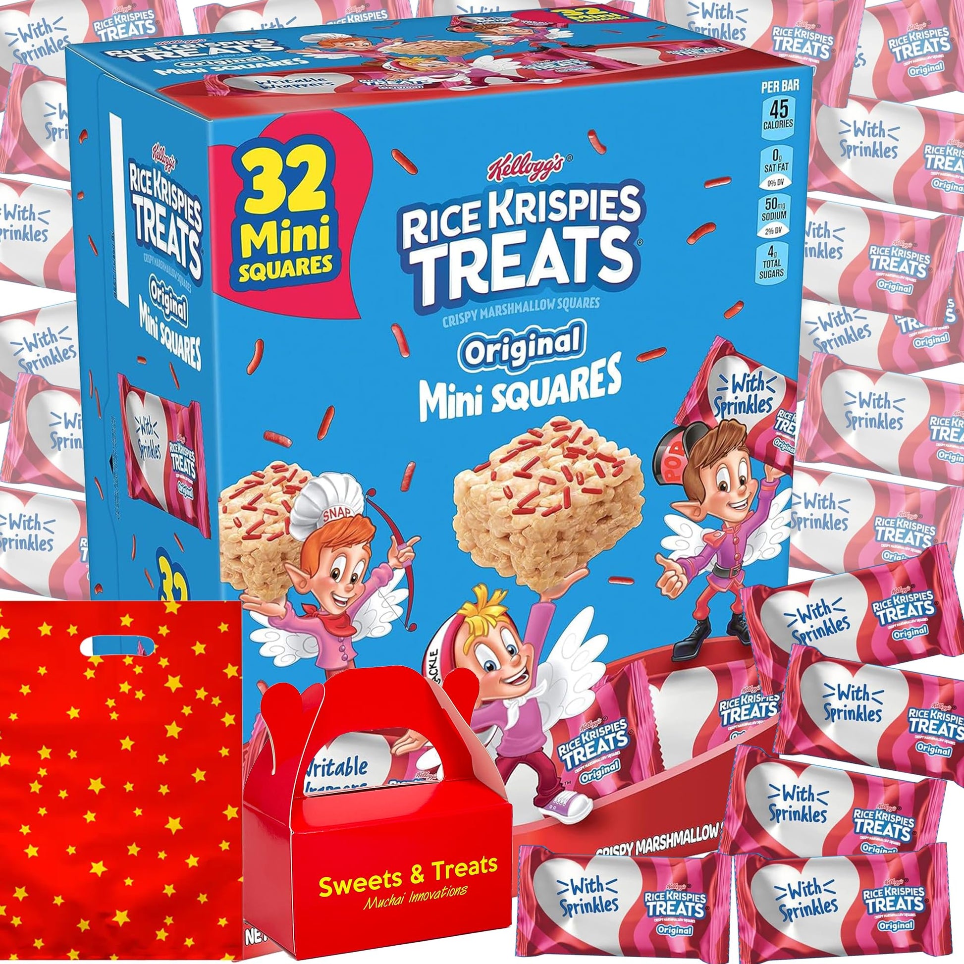 Muchai Innovations Rice Crispies Treats Mini Squares - Sweet Marshmallow Snack, Individually Wrapped, Full Size, Ideal for Parties