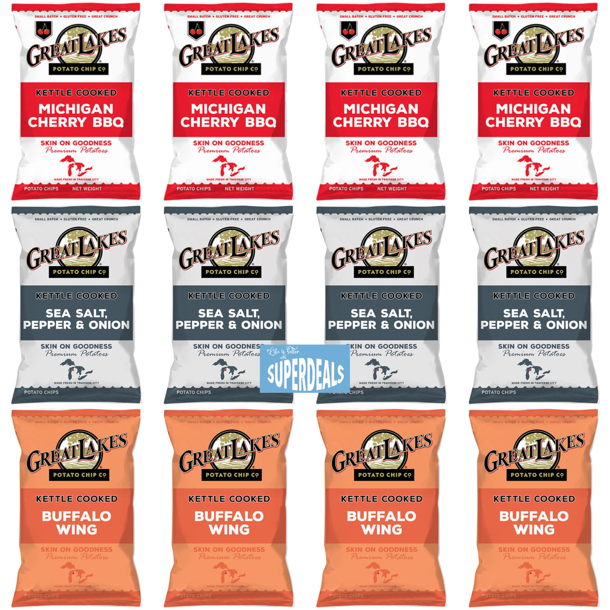 Great Lakes Bold & Zesty Flavor Trio: The Ultimate Snack Adventure by SUPERDEALS | 1.375 Oz Bag | 4 Michigan Cherry BBQ | 4 Sea 