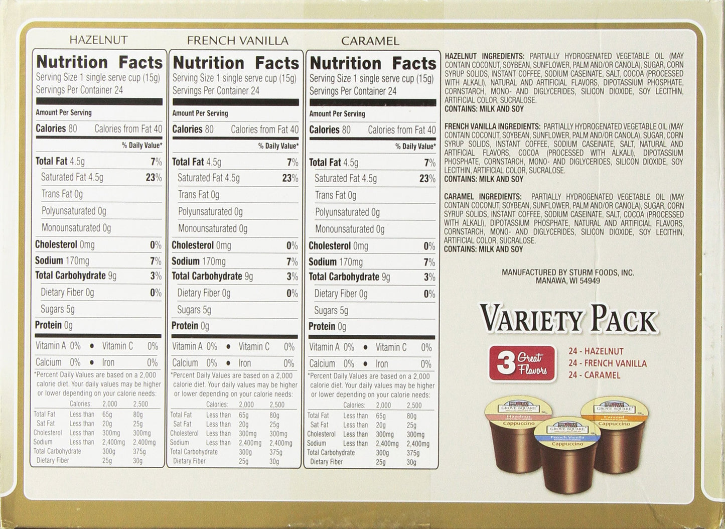 Grove Square Cappuccino Pods Variety Pack, 72 Count Single Serve Pods, Model 92G103F4652