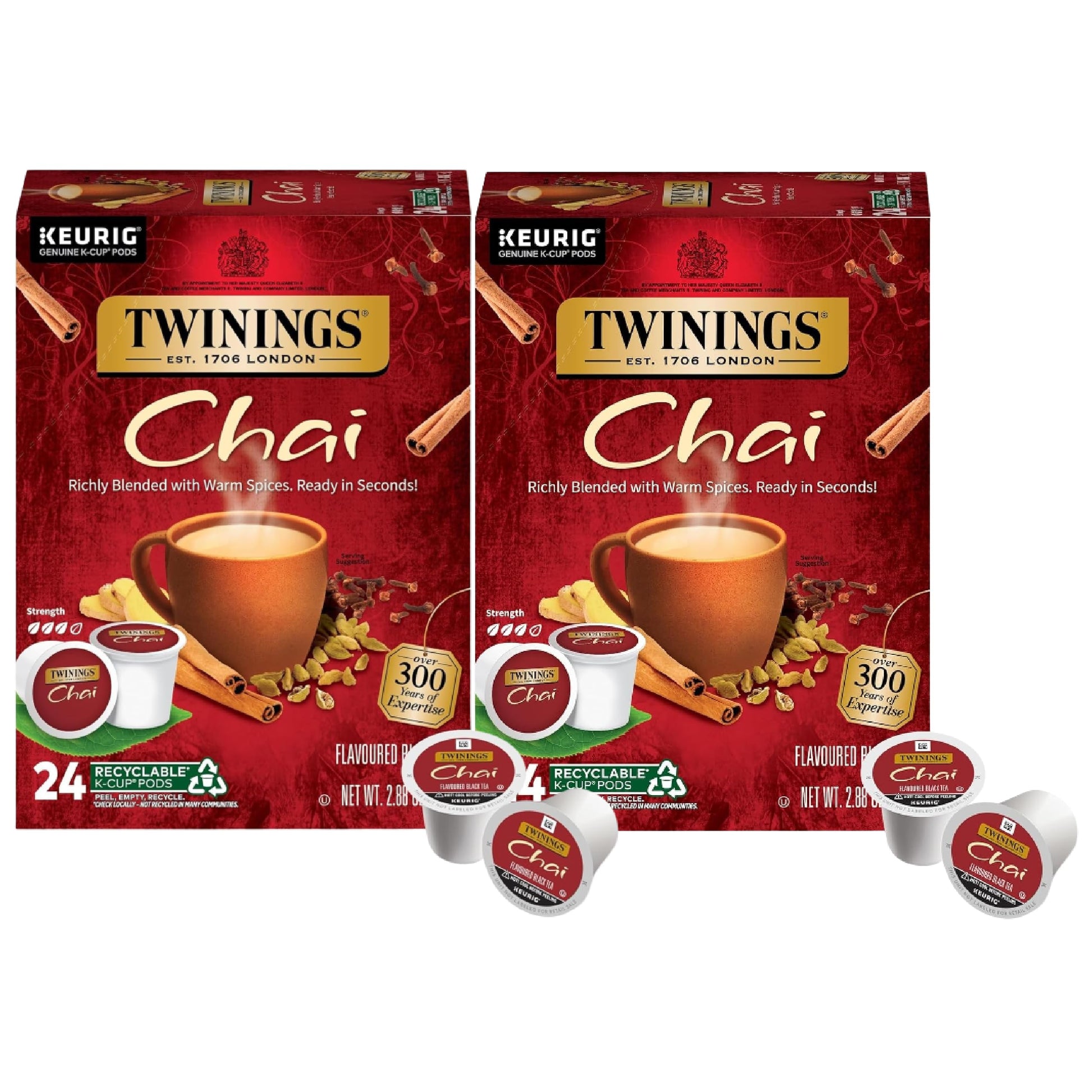 Twinings Chai Black Tea K-Cup Pods, Naturally Sweet & Savory, 24 Count (Pack of 2), Caffeinated, 0.12 Ounce Each