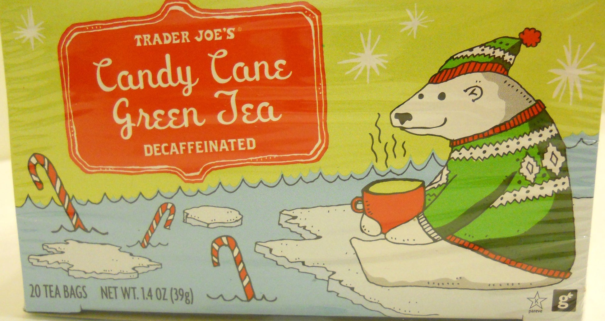 TJs Candy Cane Green Tea - Decaffeinated, Peppermint, Vanilla, Cinnamon Flavors, 20 Count