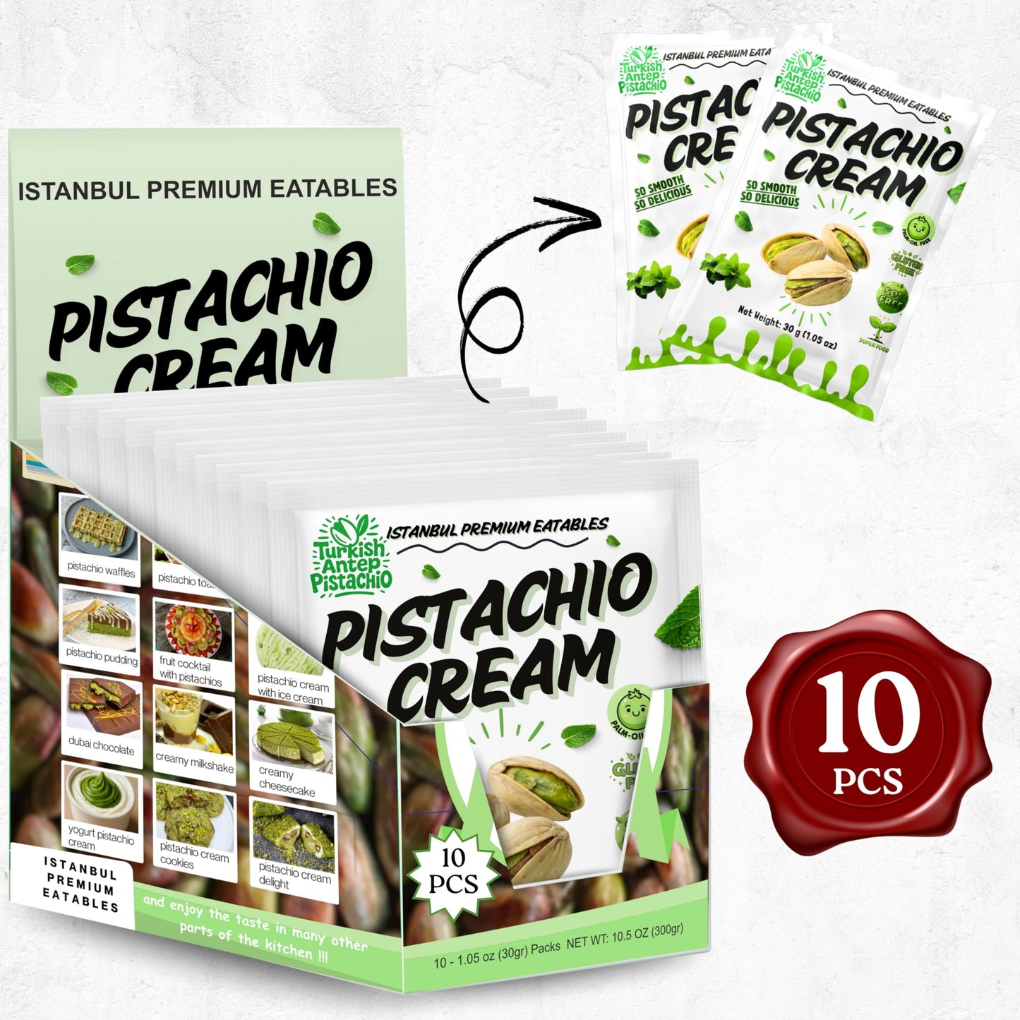 ISTANBUL PREMIUM EATABLES Pistachio Cream, 10.5 oz (300 g) Box of 10, Green, Ideal for Desserts and Snacks