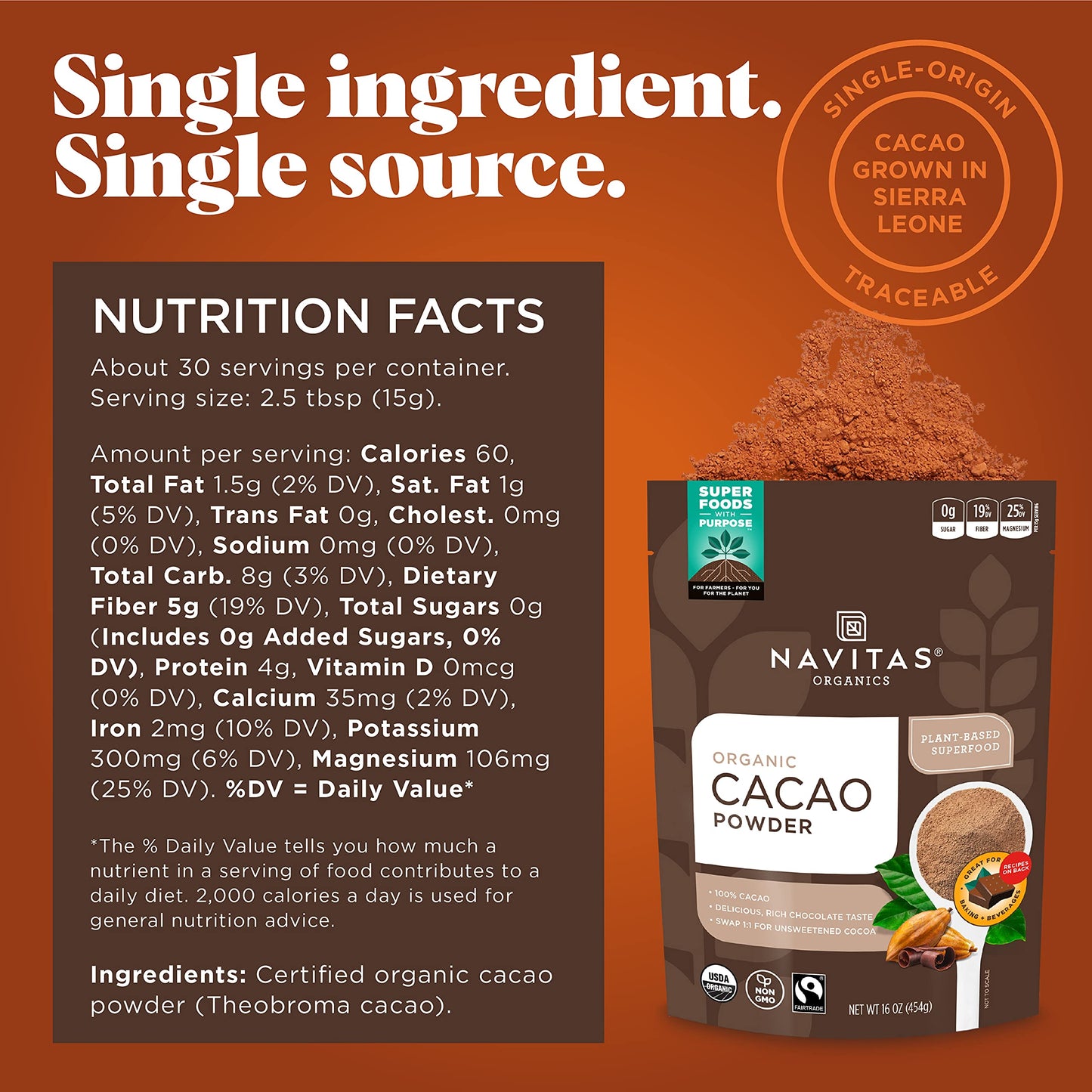 Navitas Organics Cacao Powder, Organic, Non-GMO, Fair Trade, 16 oz. Bags (Pack of 2), Model 19-002