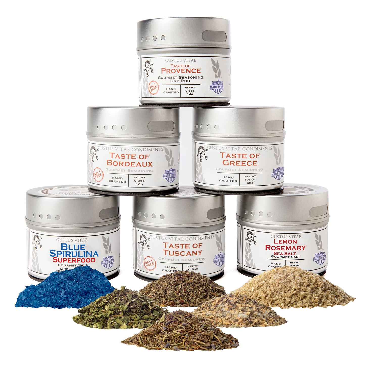 Gustus Vitae Luxury Gourmet Seasonings & Spices Collection | 6 Magnetic Tins | 4 Ounce Each | Non-GMO, All Natural, Handmade, Silver