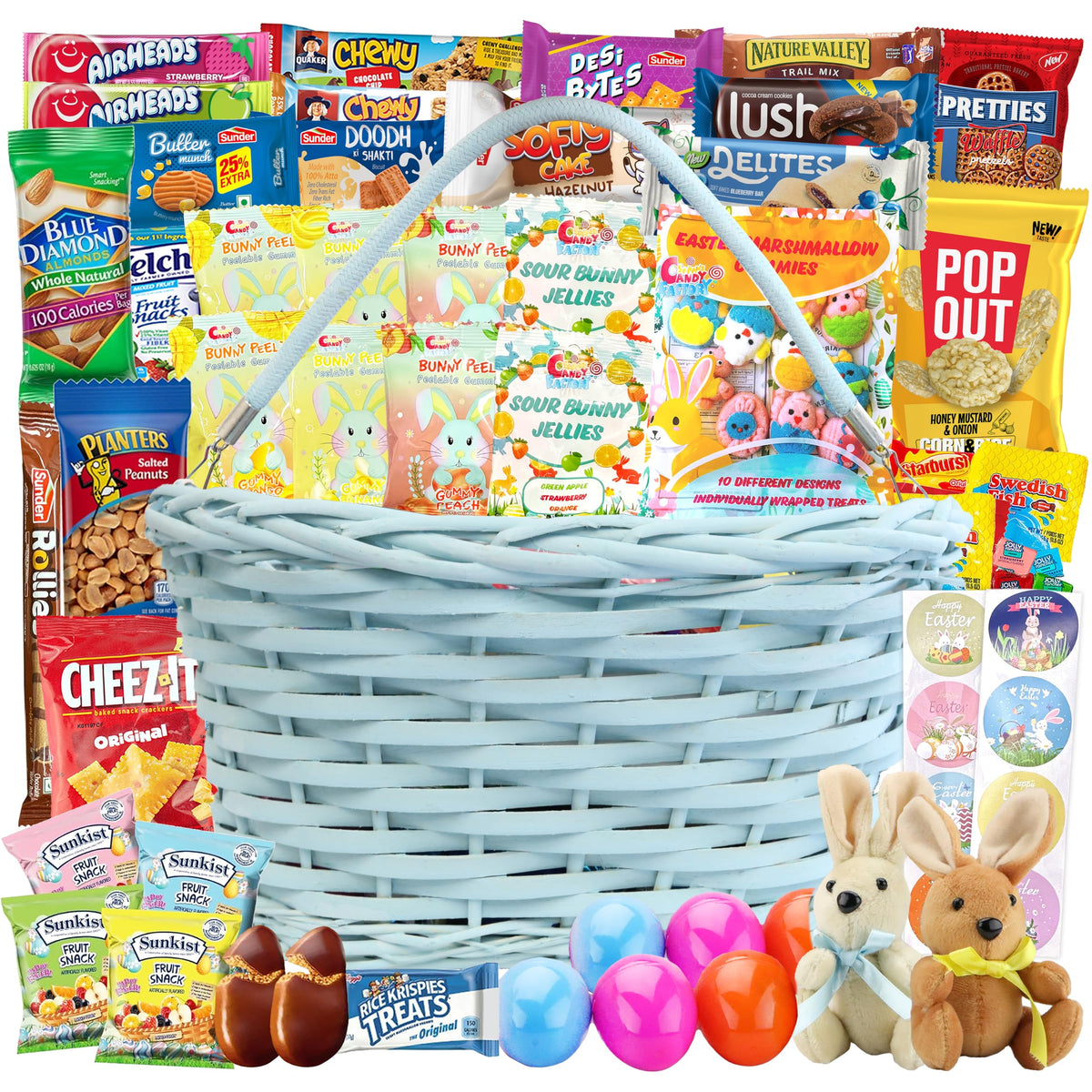Easter Blue Oval Willow Basket (70 ct) Filled with Treats, Snacks, Candy, Peelable Gummies, Marshmallow Gummies, Bunny and More,
