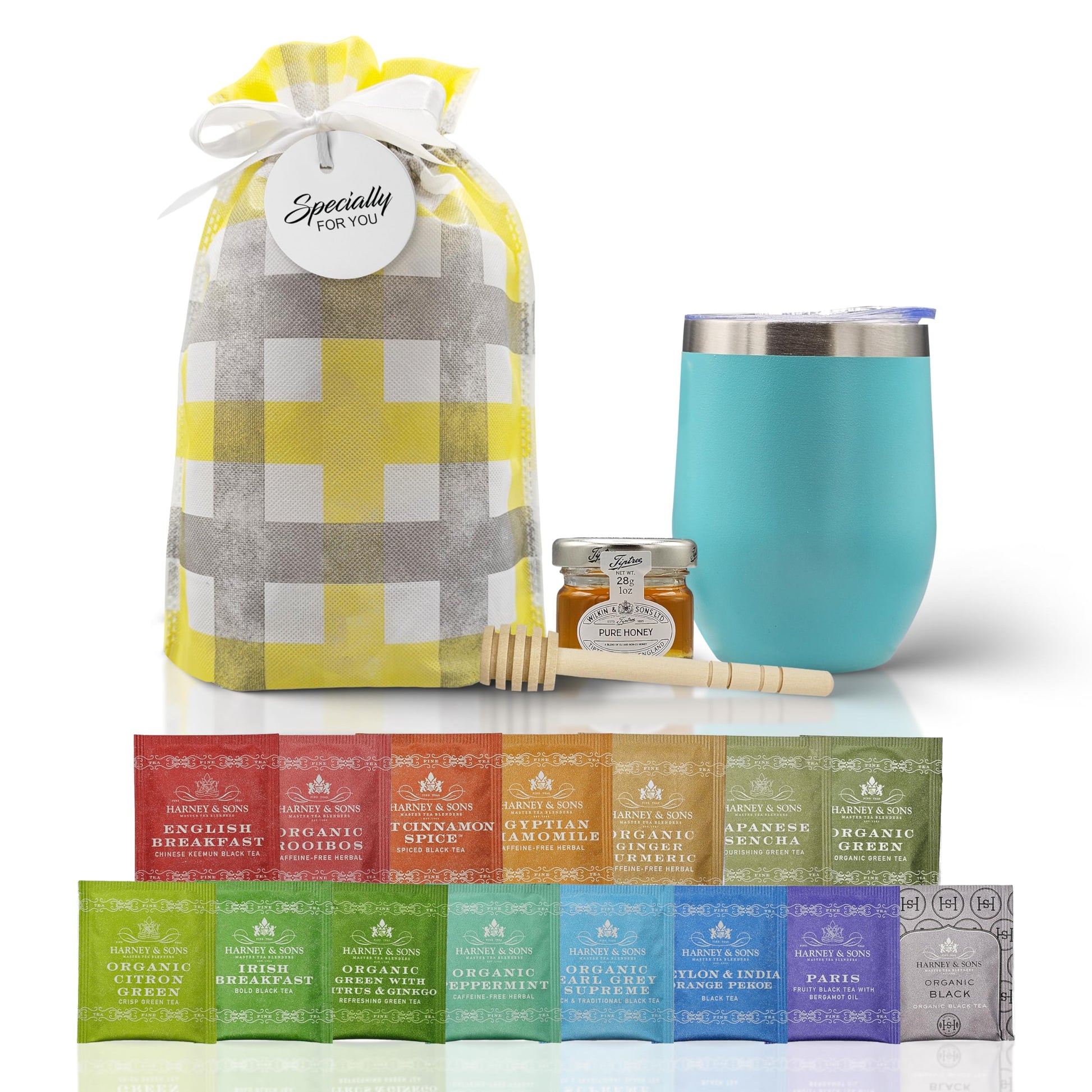 Modern Elegance Tea Gift Set for Mothers Day - Assorted Teas, Elegant Mug & Honey, Teal