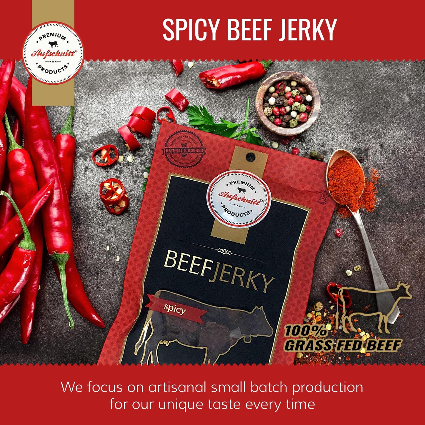 Premium Aufschnitt Beef Jerky - Low Sodium, Spicy - 5 Pack, 2 Ounce - Keto & Halal Friendly, Certified Kosher, Made in USA