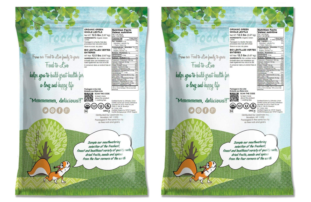Food To Live Organic Whole Green Lentils, 20 Pounds - Non-Gmo, Dried Raw Beans, Sproutable, Vegan, Kosher, High In Folate, Dieta