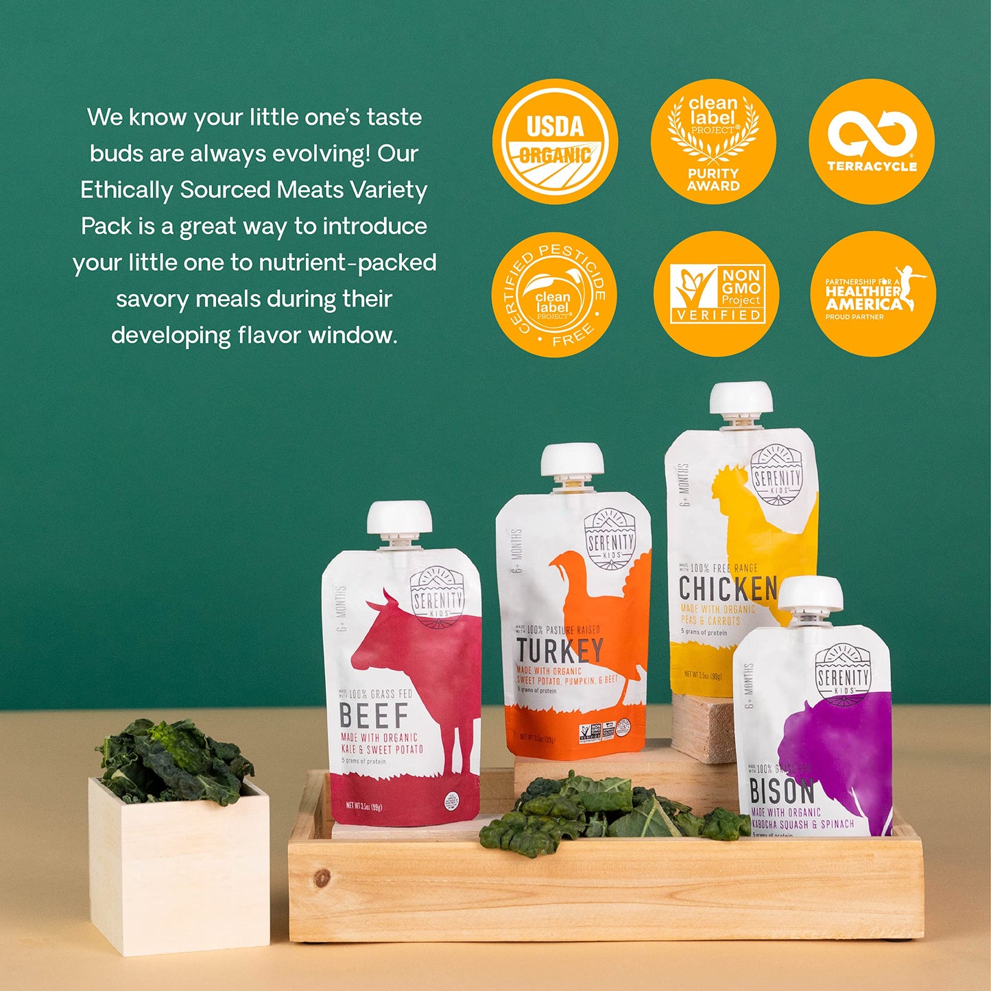 Serenity Kids 6+ Months Baby Food Pouches - Puree with Ethically Sourced Meat & Organic Veggies - Baby Food Meat 3.5 Ounce BPA-F
