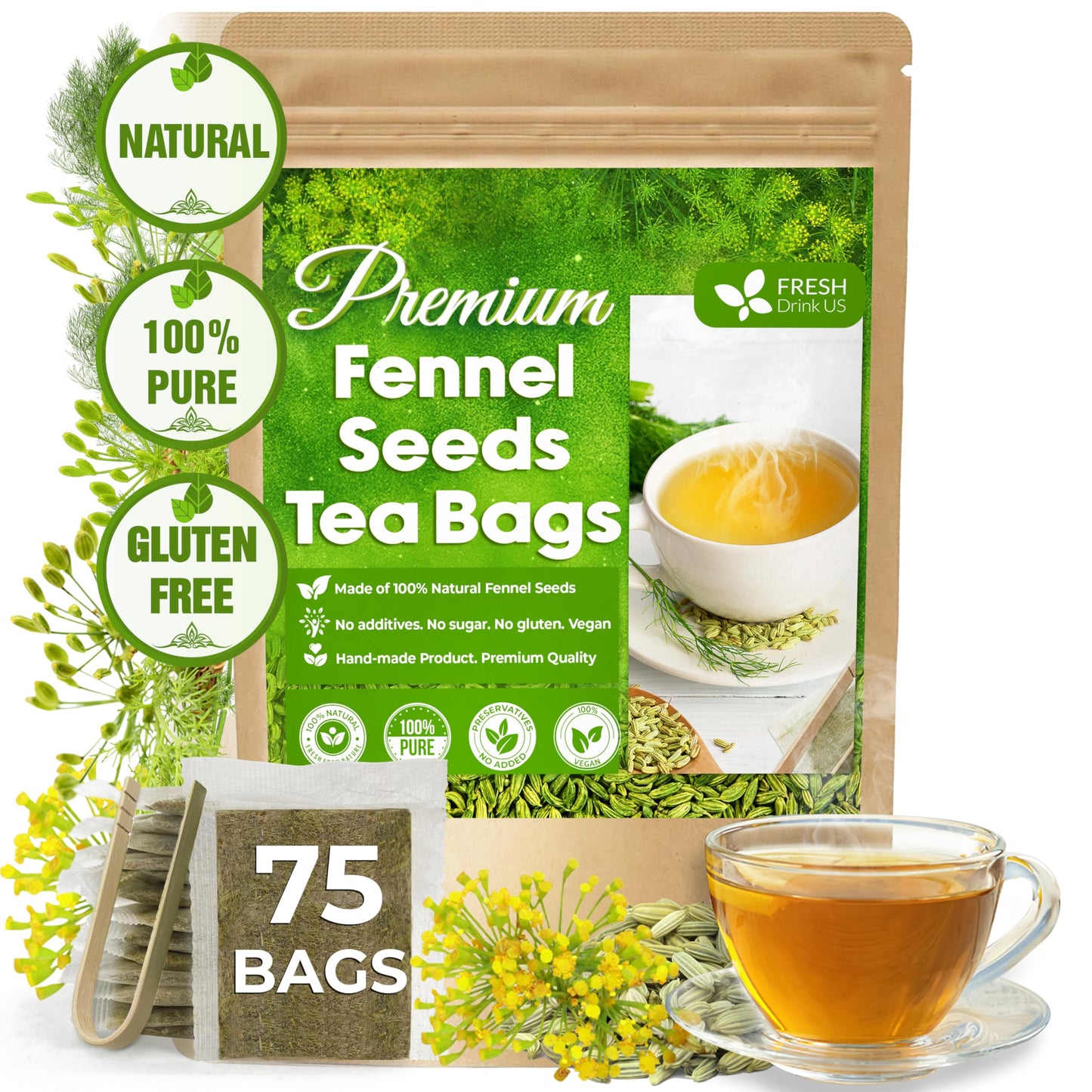 FRESHDRINKUS Fennel Seed Tea Bags – 100% Natural, Vegan, Eco-Friendly, 75 Tea Bags