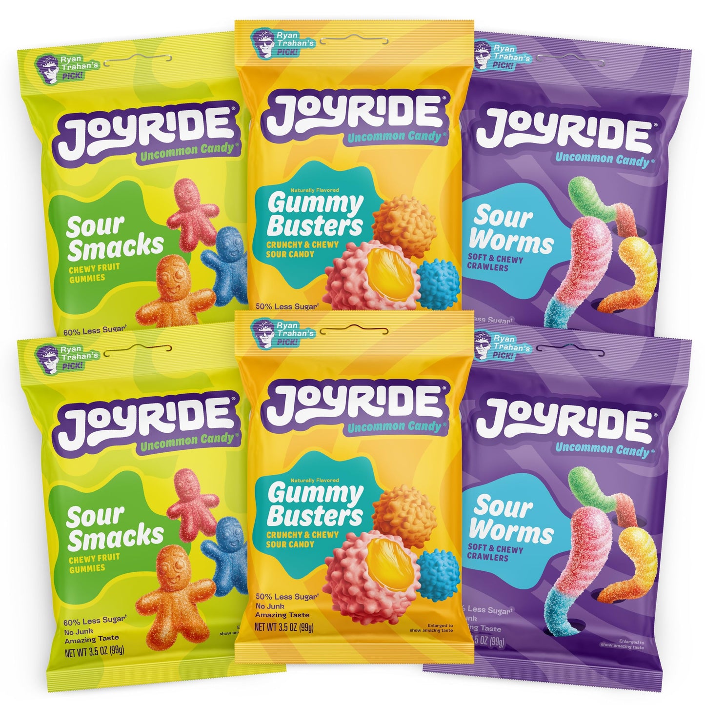 JOYRIDE Innovative Variety 6 Pack - Gummy Busters, Sour Smacks, Sour Worms, Low Calorie Gummy Candy, Low Sugar, Dye Free (6 Item