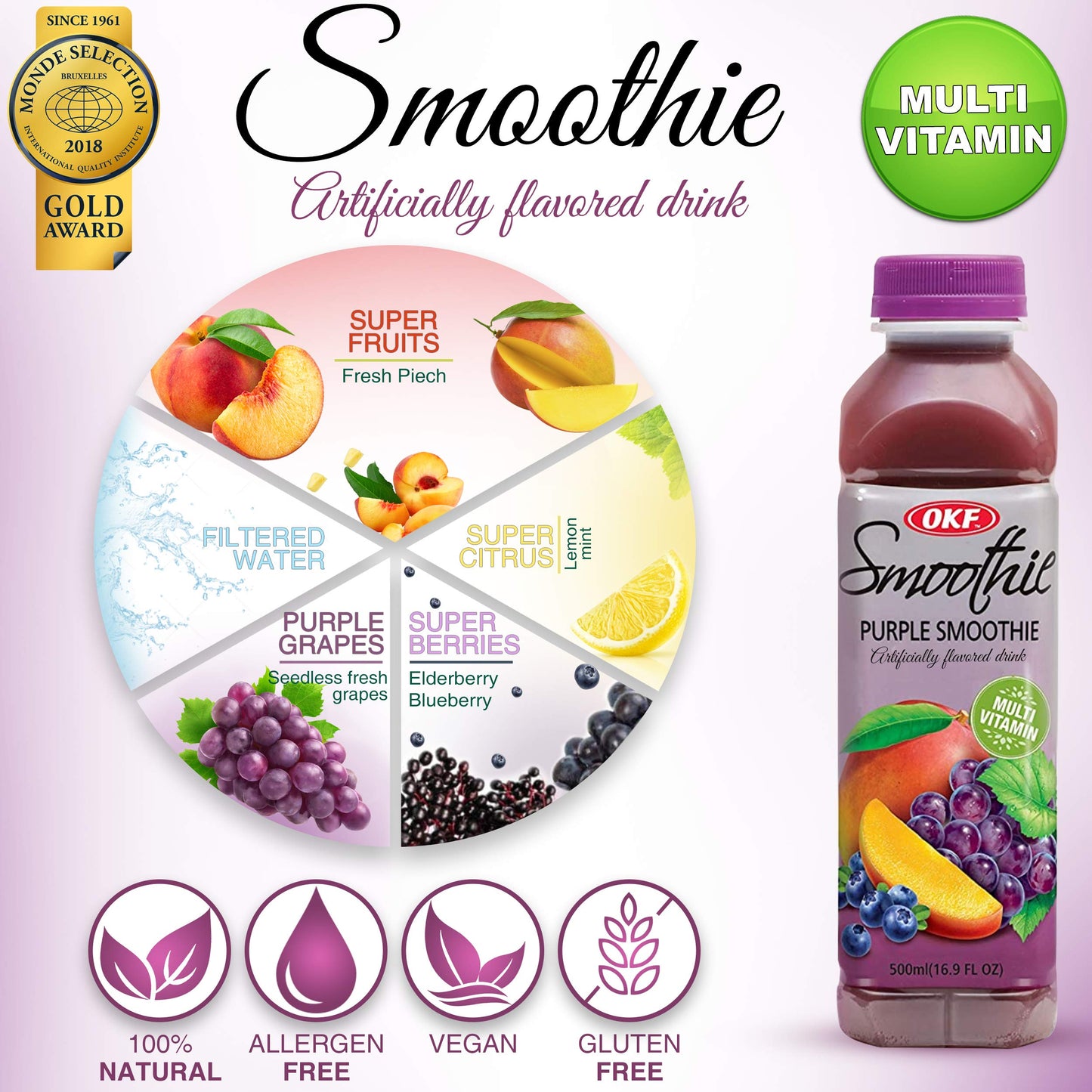 OKF Smoothie Multi Vitamin Drink, 16.9 Fl Oz, Pack of 10, Purple Flavor